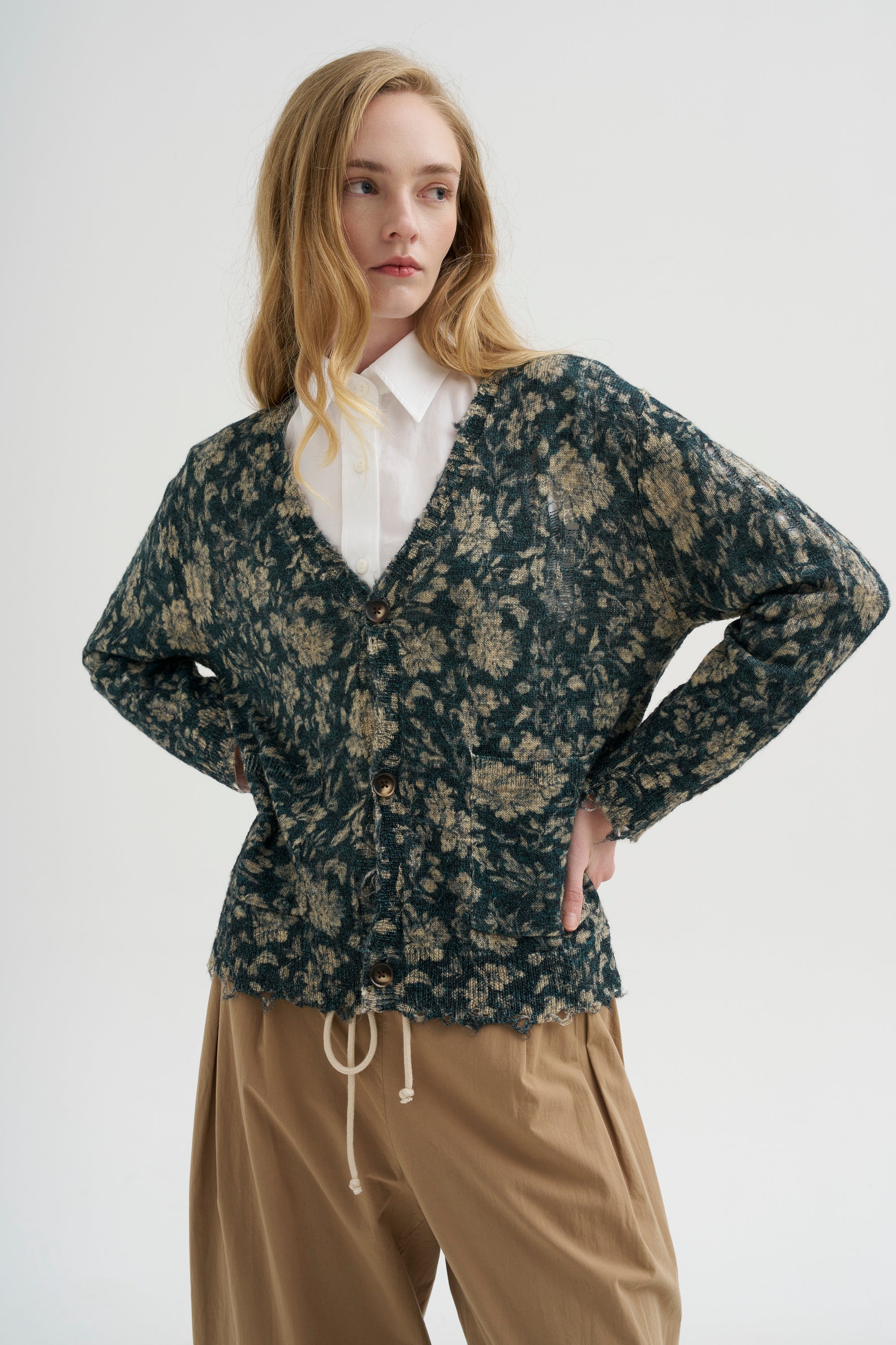 Printed Boy Cardigan, Dark Blue Floral