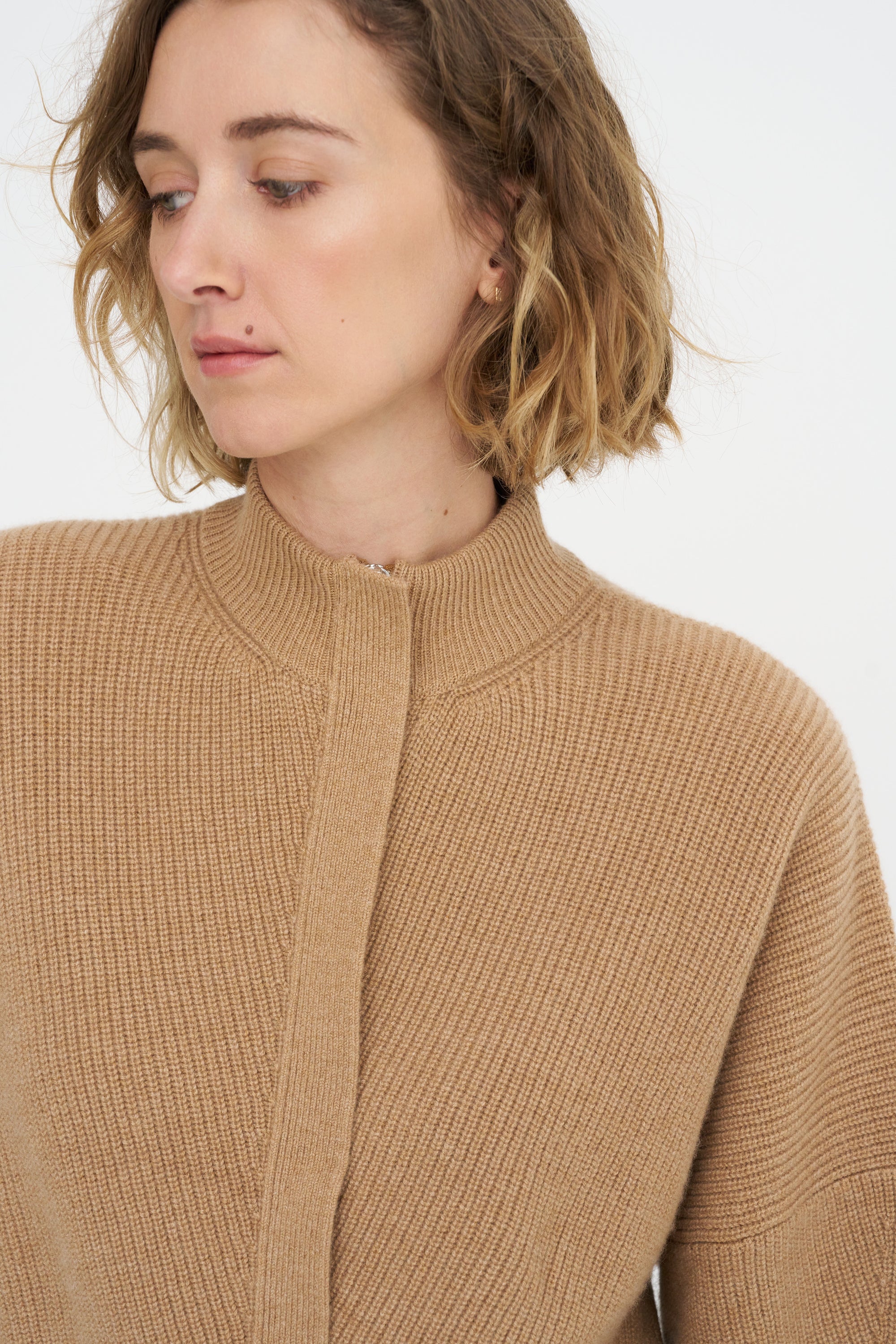 Batwing Cardi With Zip, Dark Camel