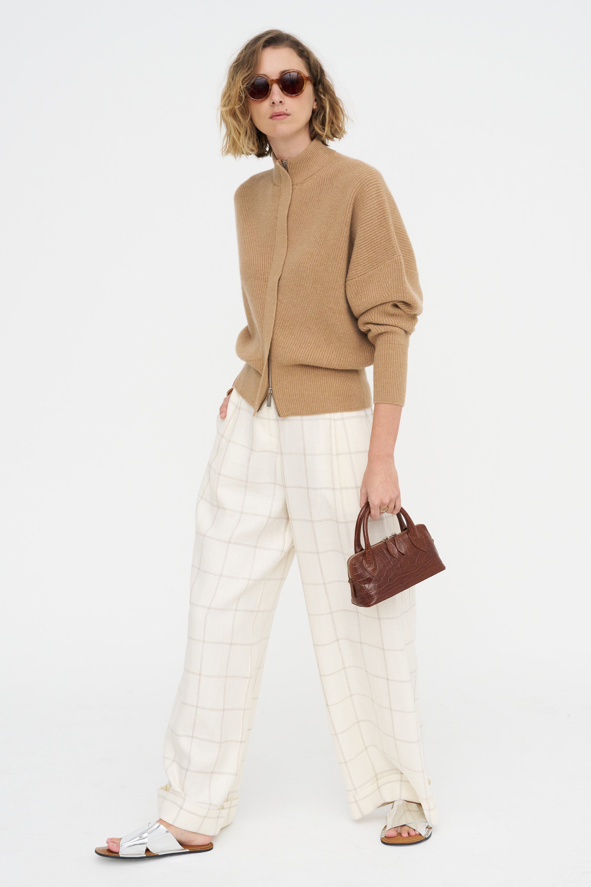 Batwing Cardi With Zip, Dark Camel