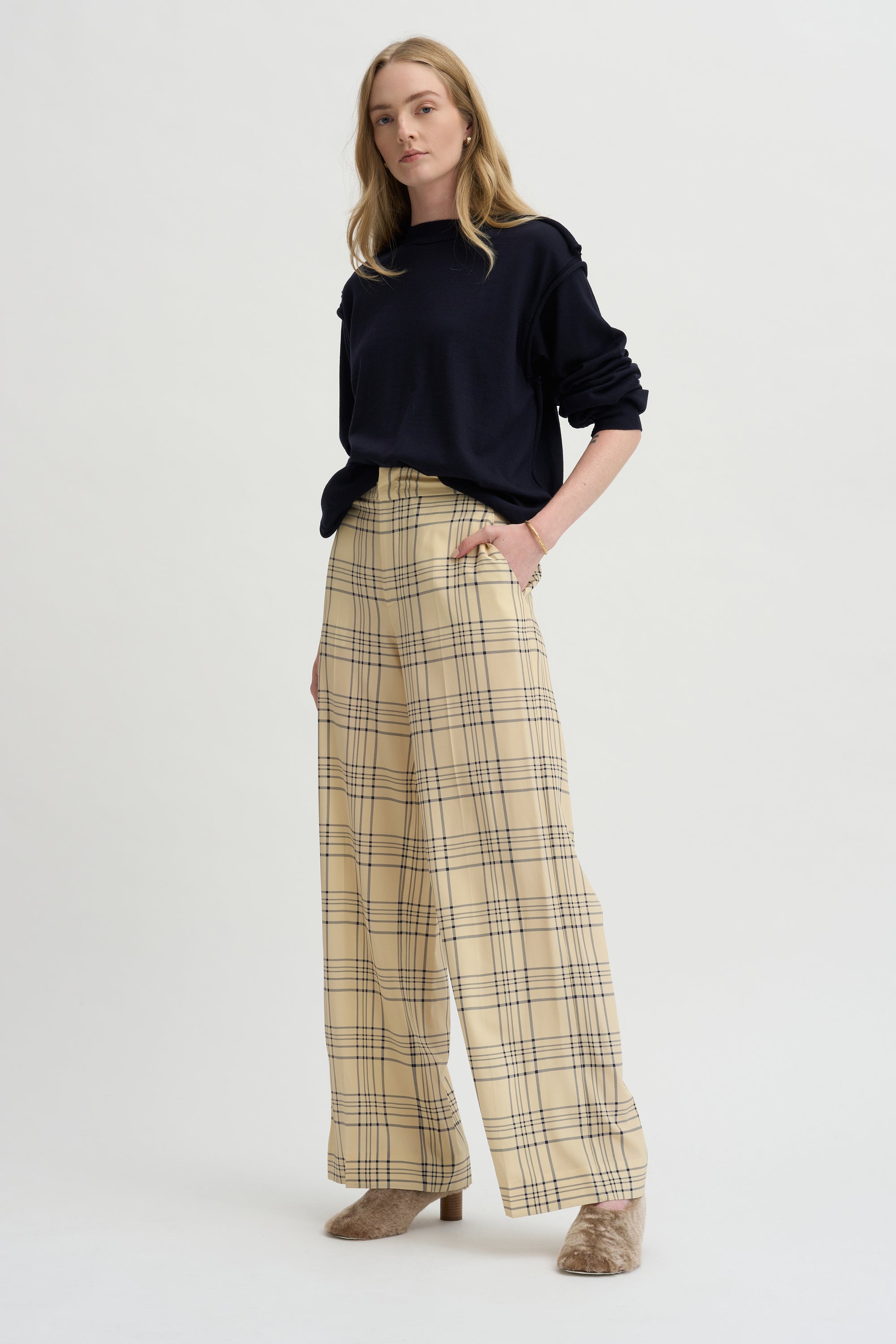 Petra Trouser, Cream &amp; Blue
