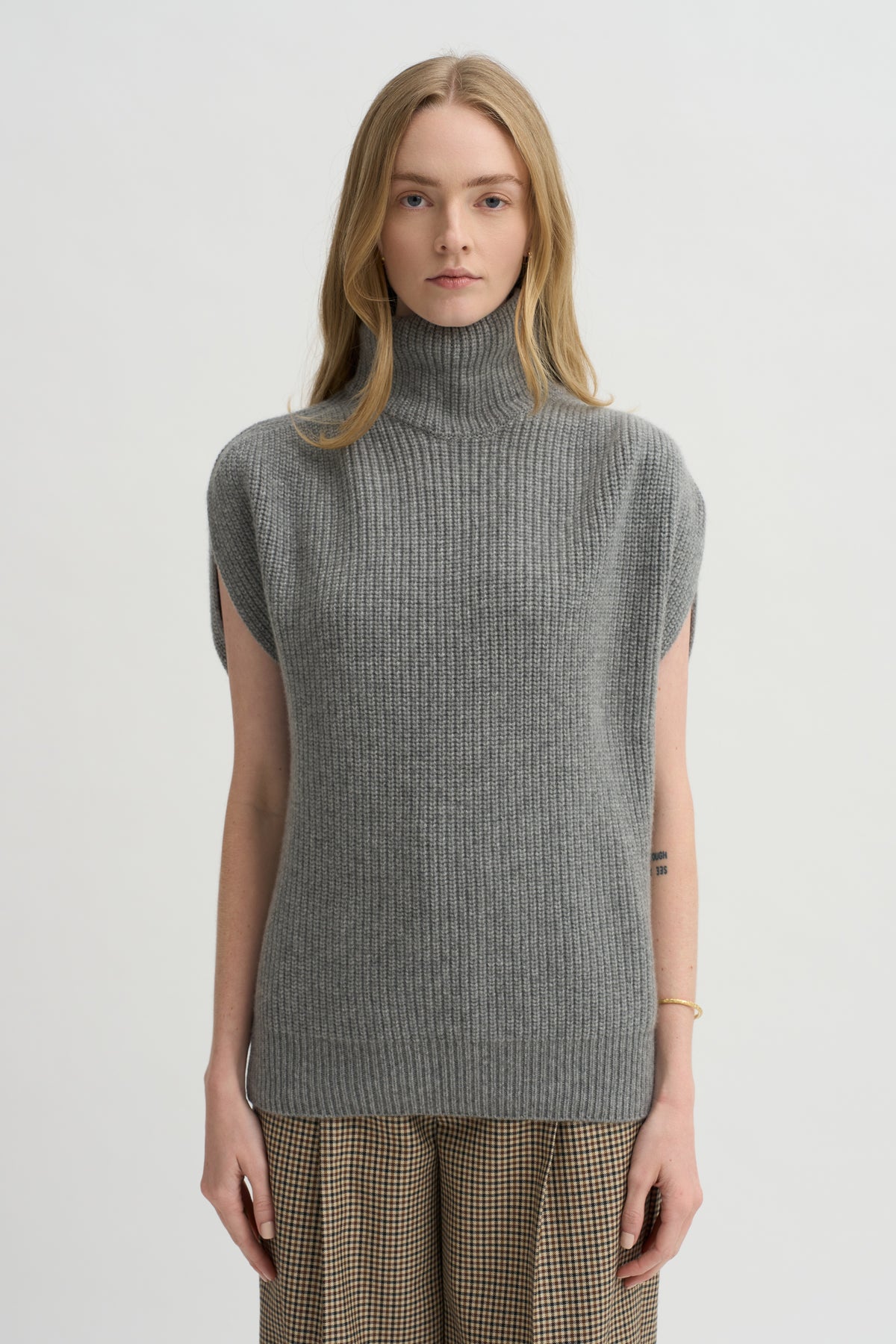 Sleeveless High Neck Top, Medium Grey
