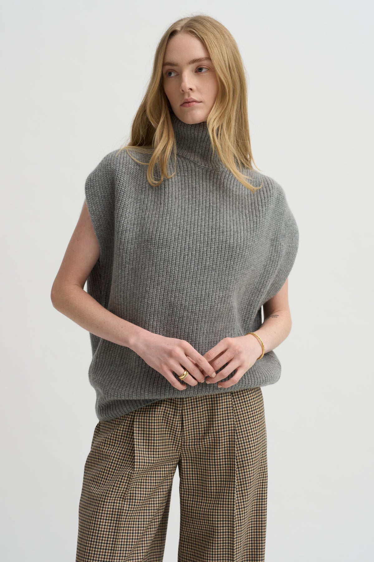 Sleeveless High Neck Top, Medium Grey