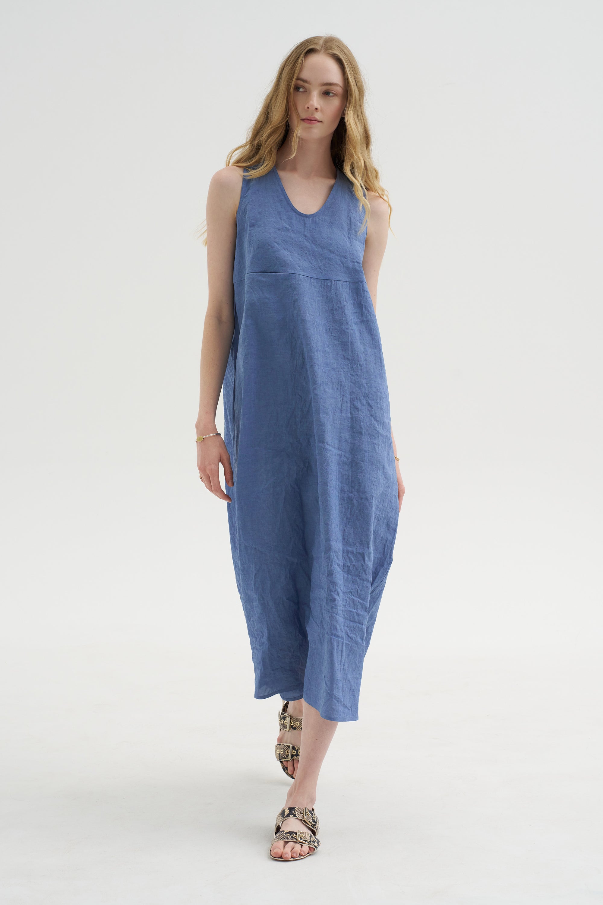 Doras Lion - Linen Cotton Dress, Blue Jean