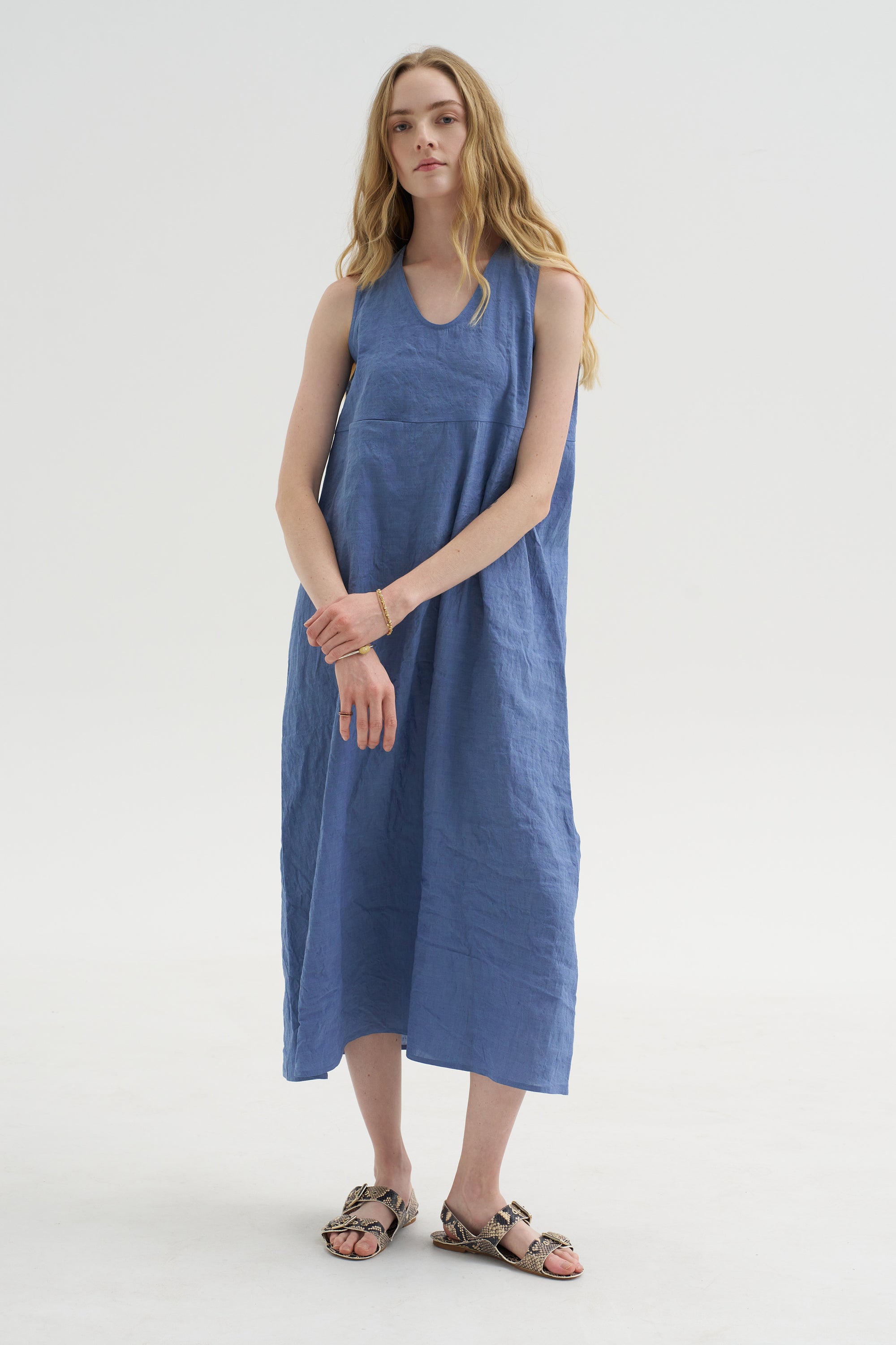 Doras Lion - Linen Cotton Dress, Blue Jean