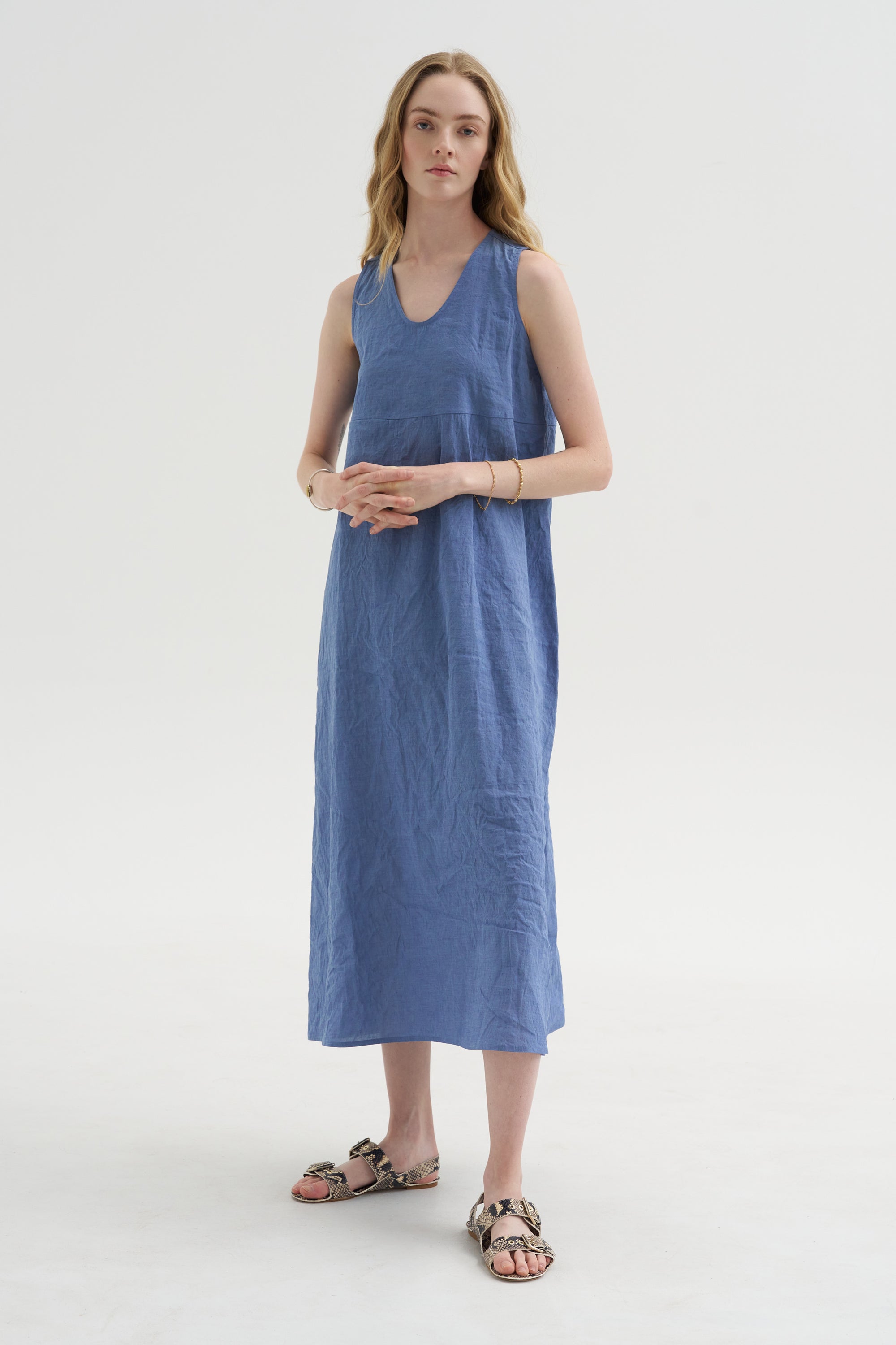 Doras Lion - Linen Cotton Dress, Blue Jean