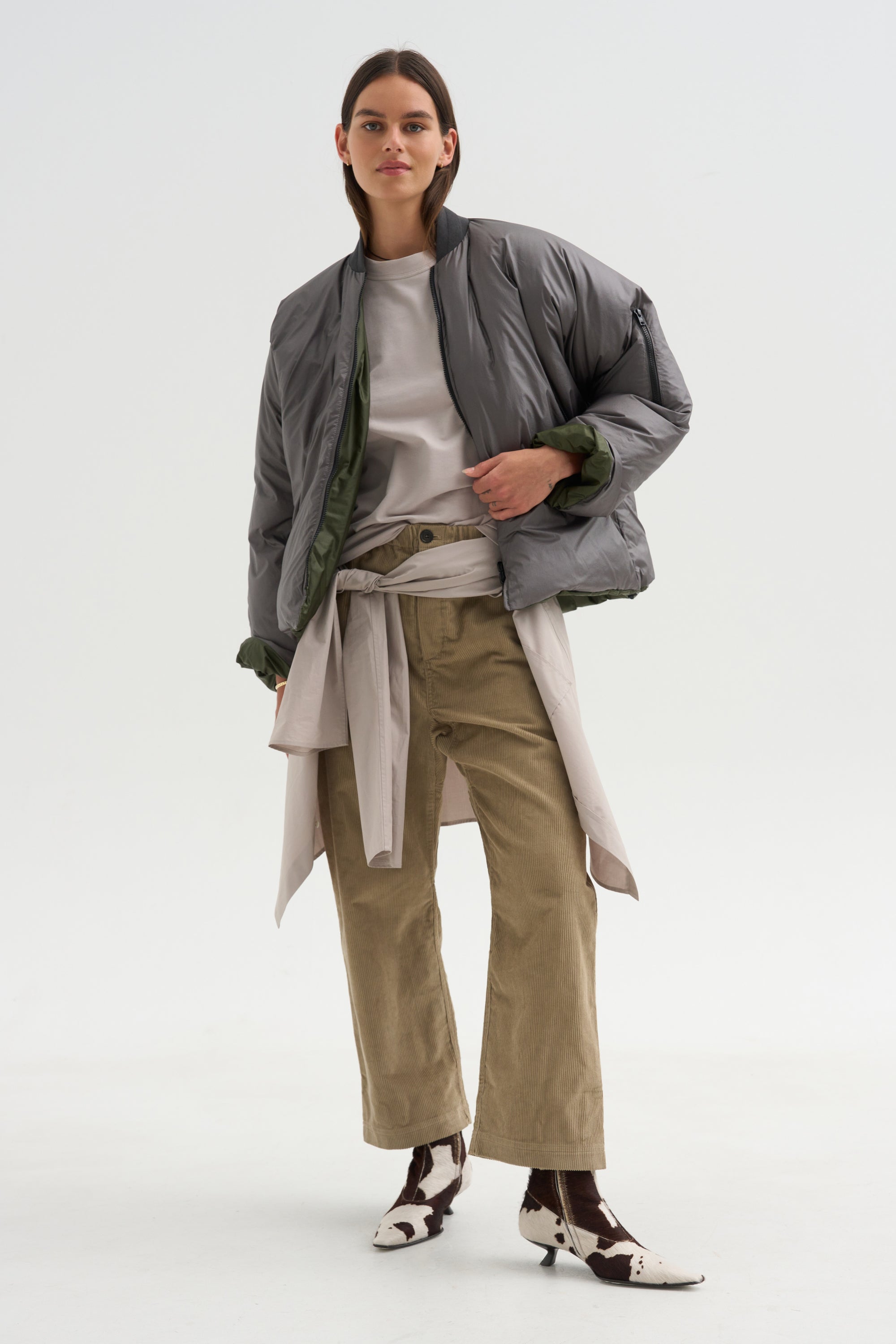 Down Filled Bomber, Charcoal/Khaki