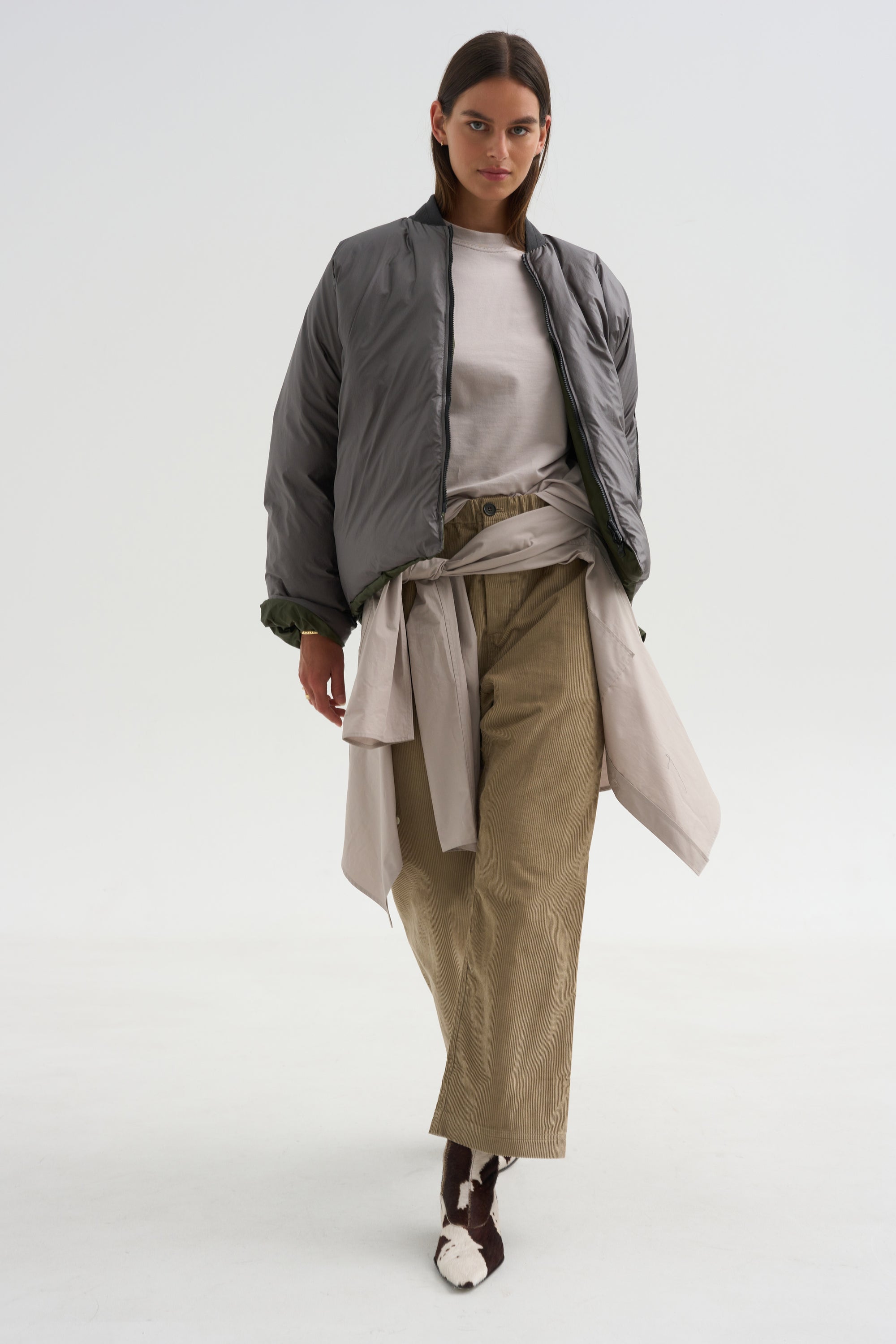 Down Filled Bomber, Charcoal/Khaki