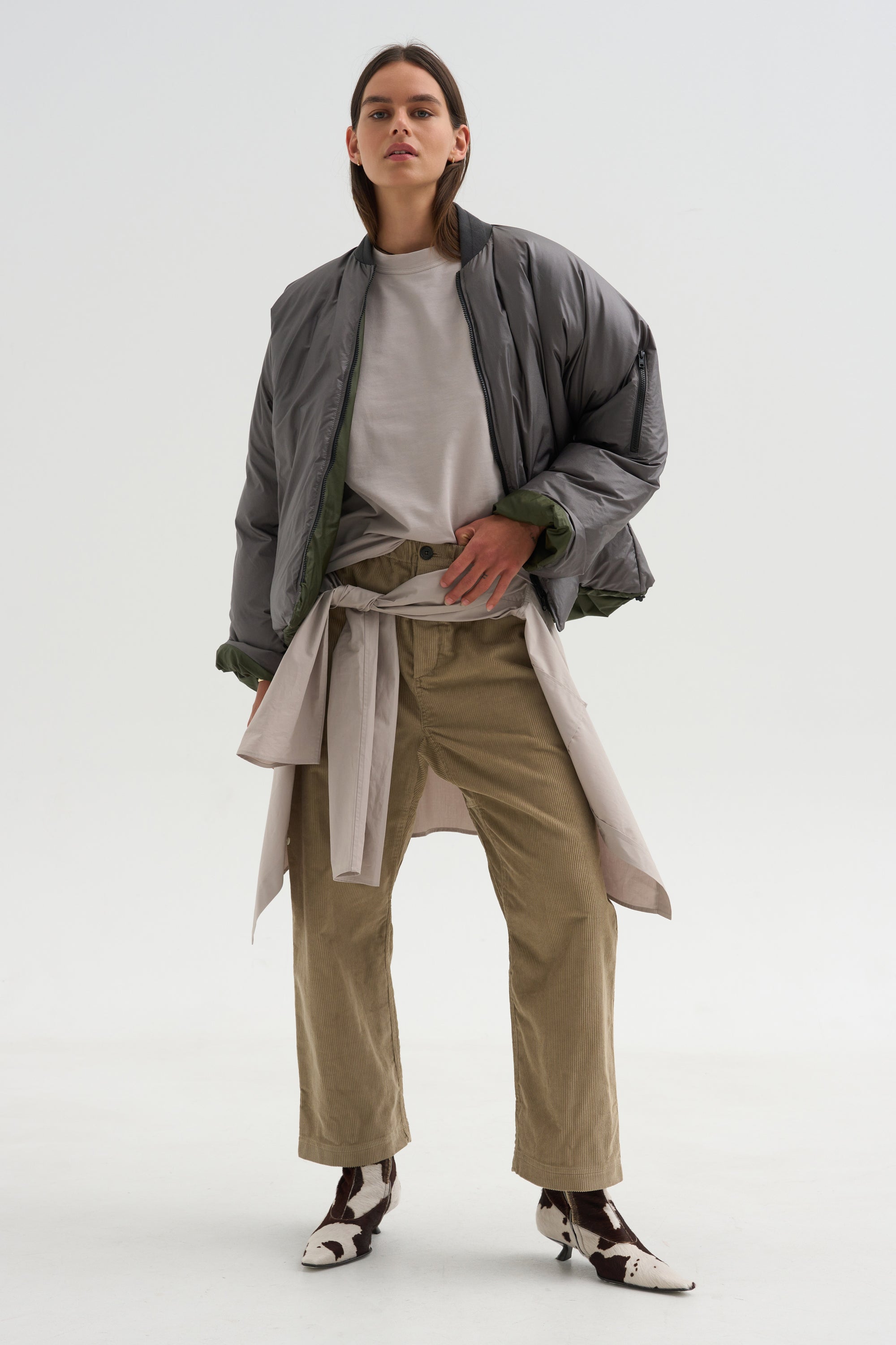 Down Filled Bomber, Charcoal/Khaki
