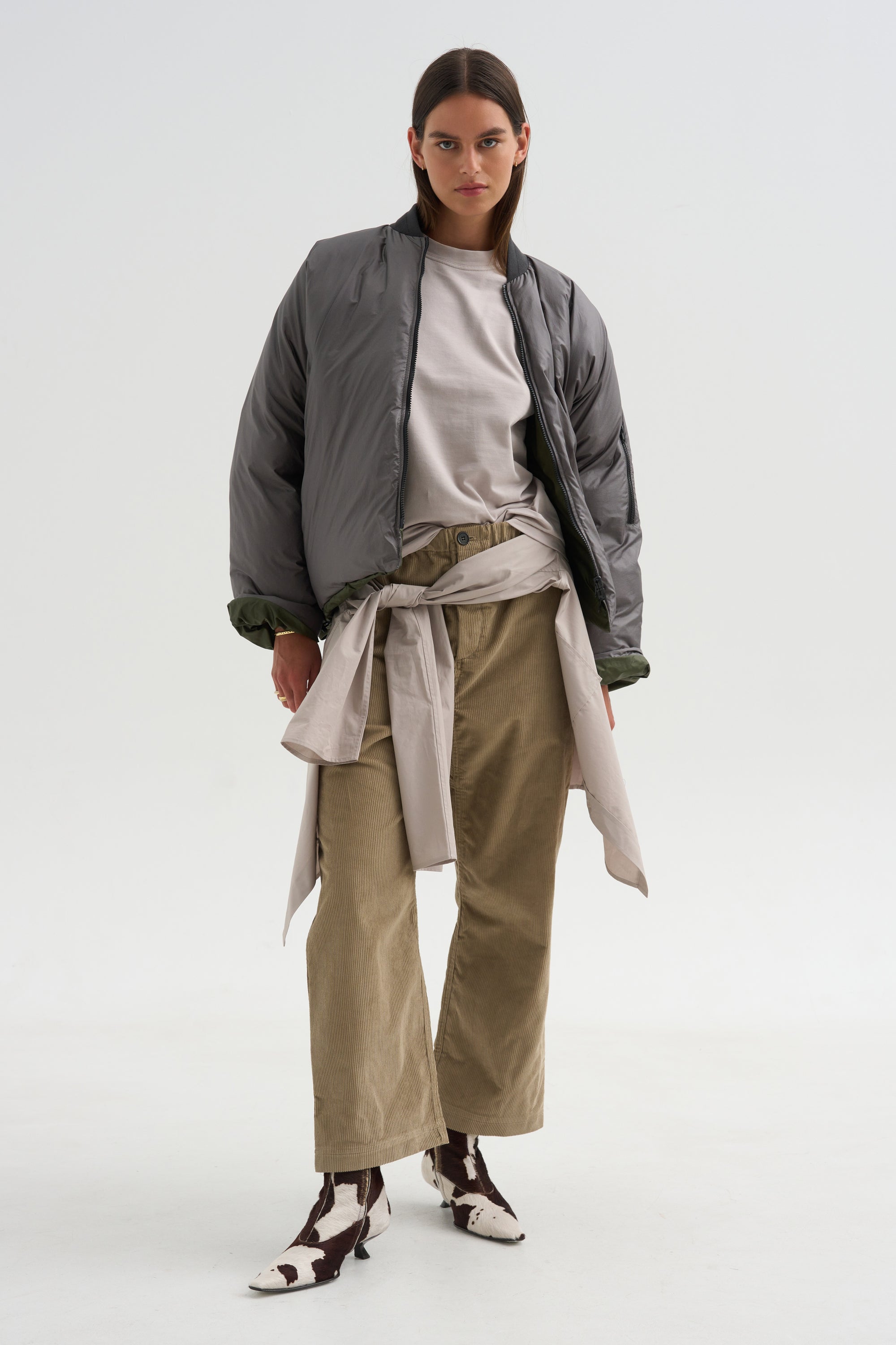 Down Filled Bomber, Charcoal/Khaki