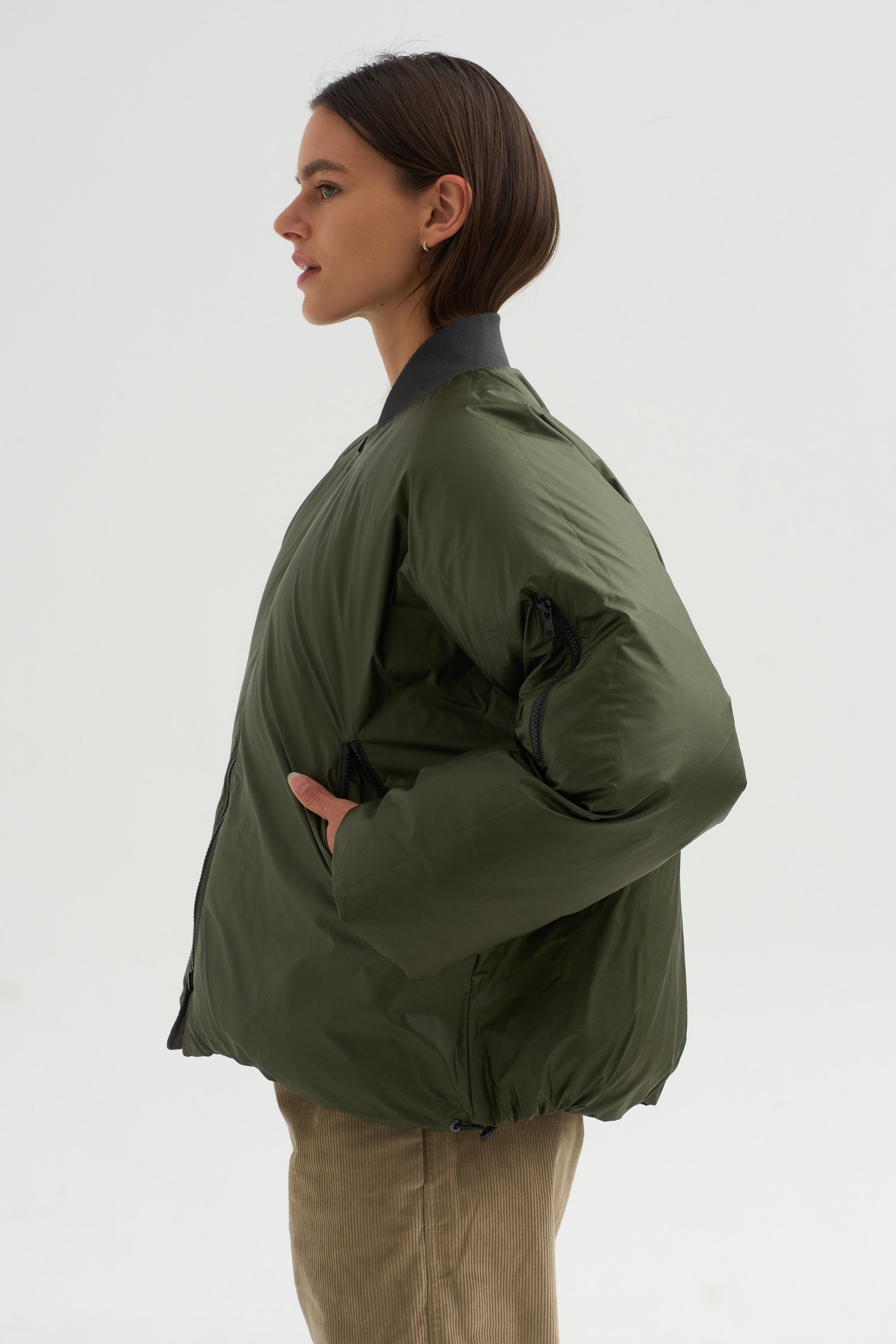 Down Filled Bomber, Charcoal/Khaki