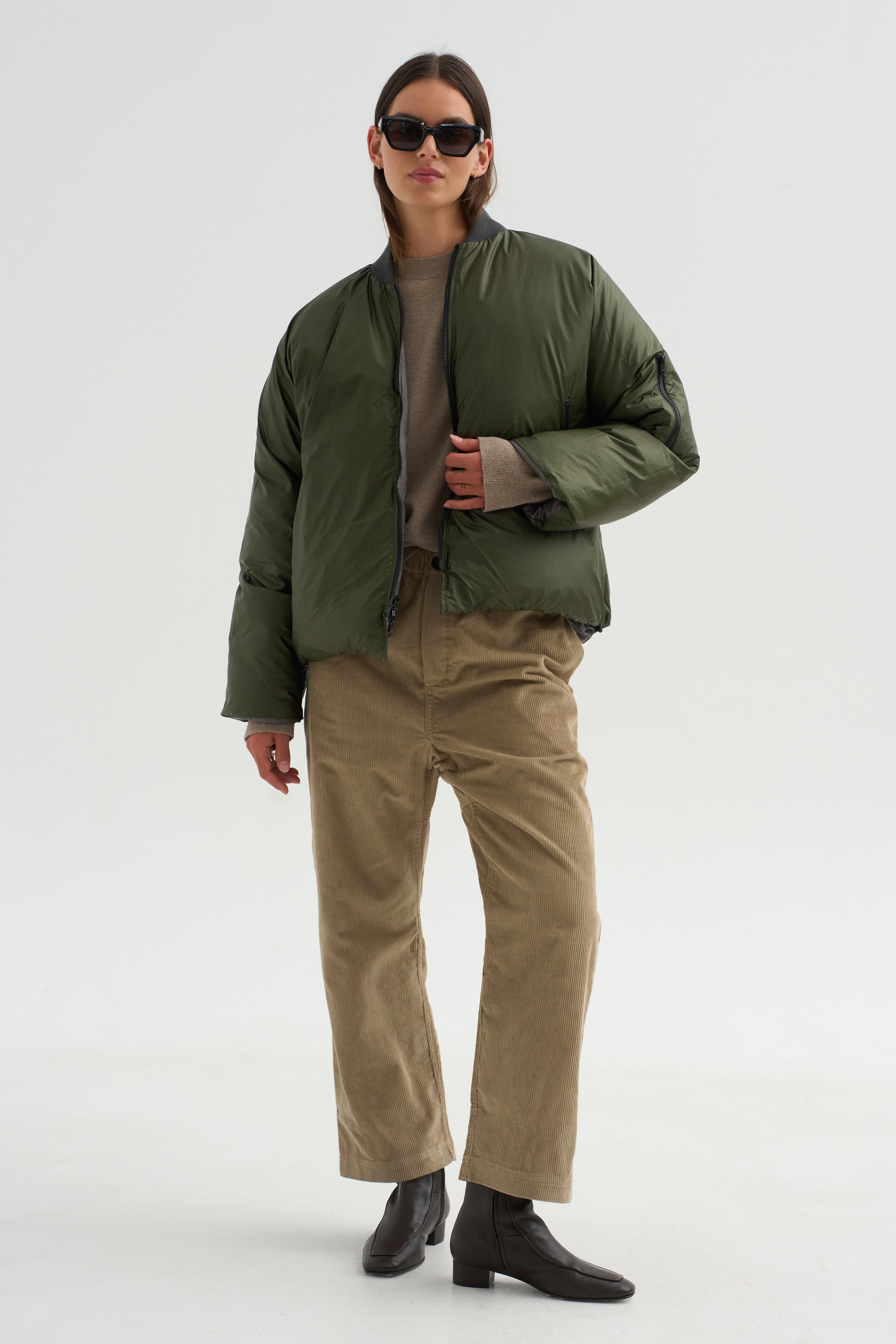 Down Filled Bomber, Charcoal/Khaki