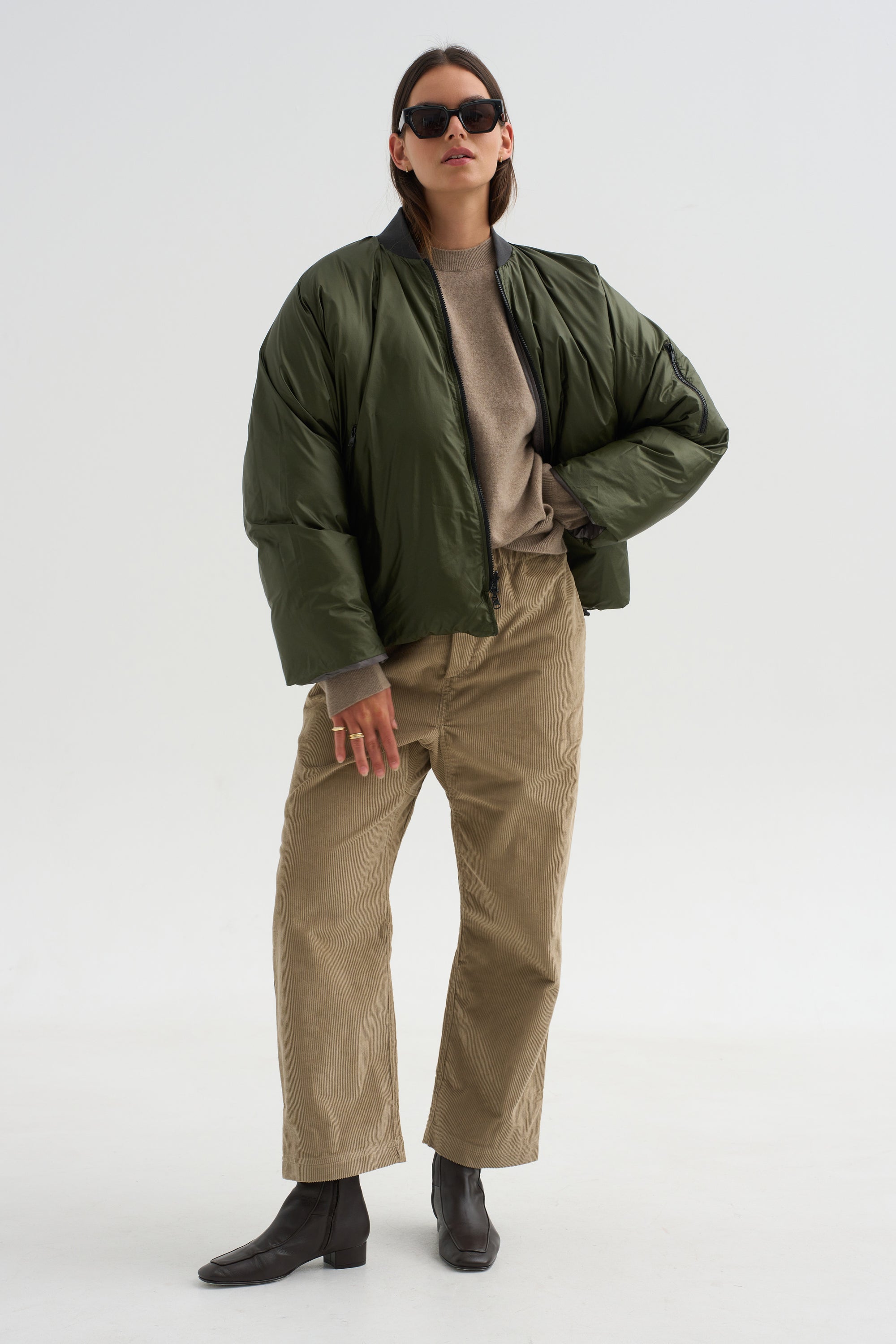 Down Filled Bomber, Charcoal/Khaki
