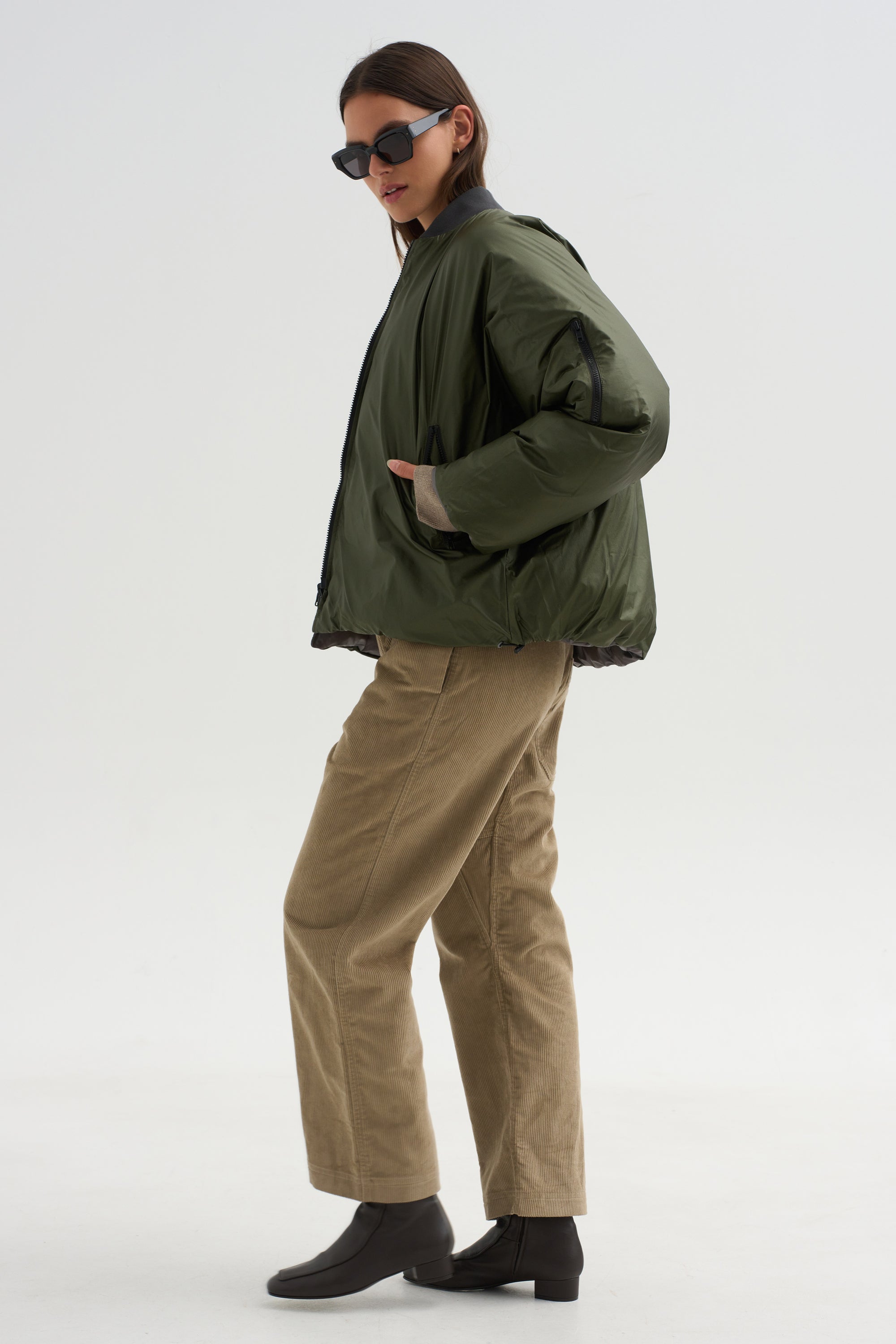 Down Filled Bomber, Charcoal/Khaki