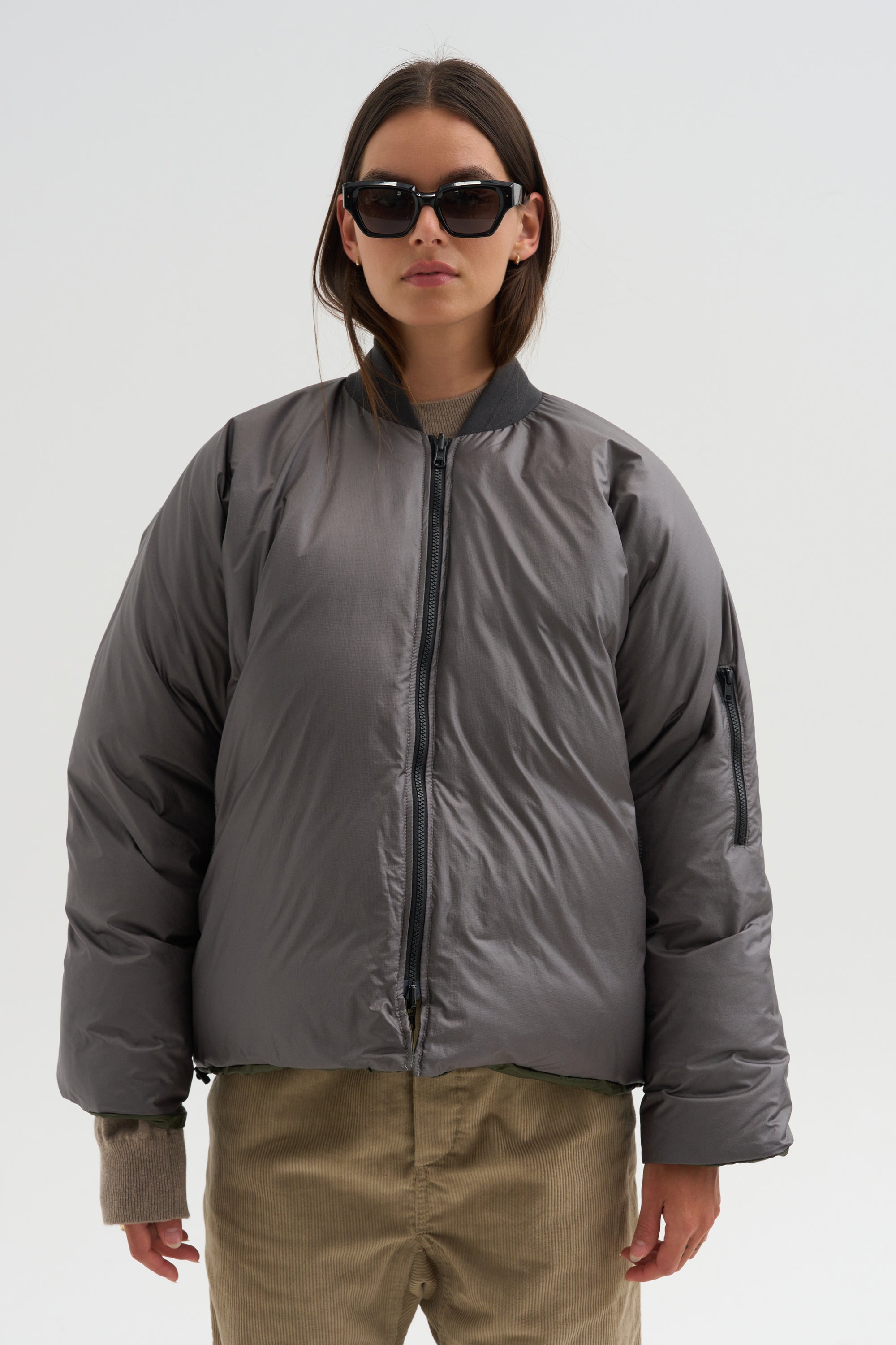 Down Filled Bomber, Charcoal/Khaki