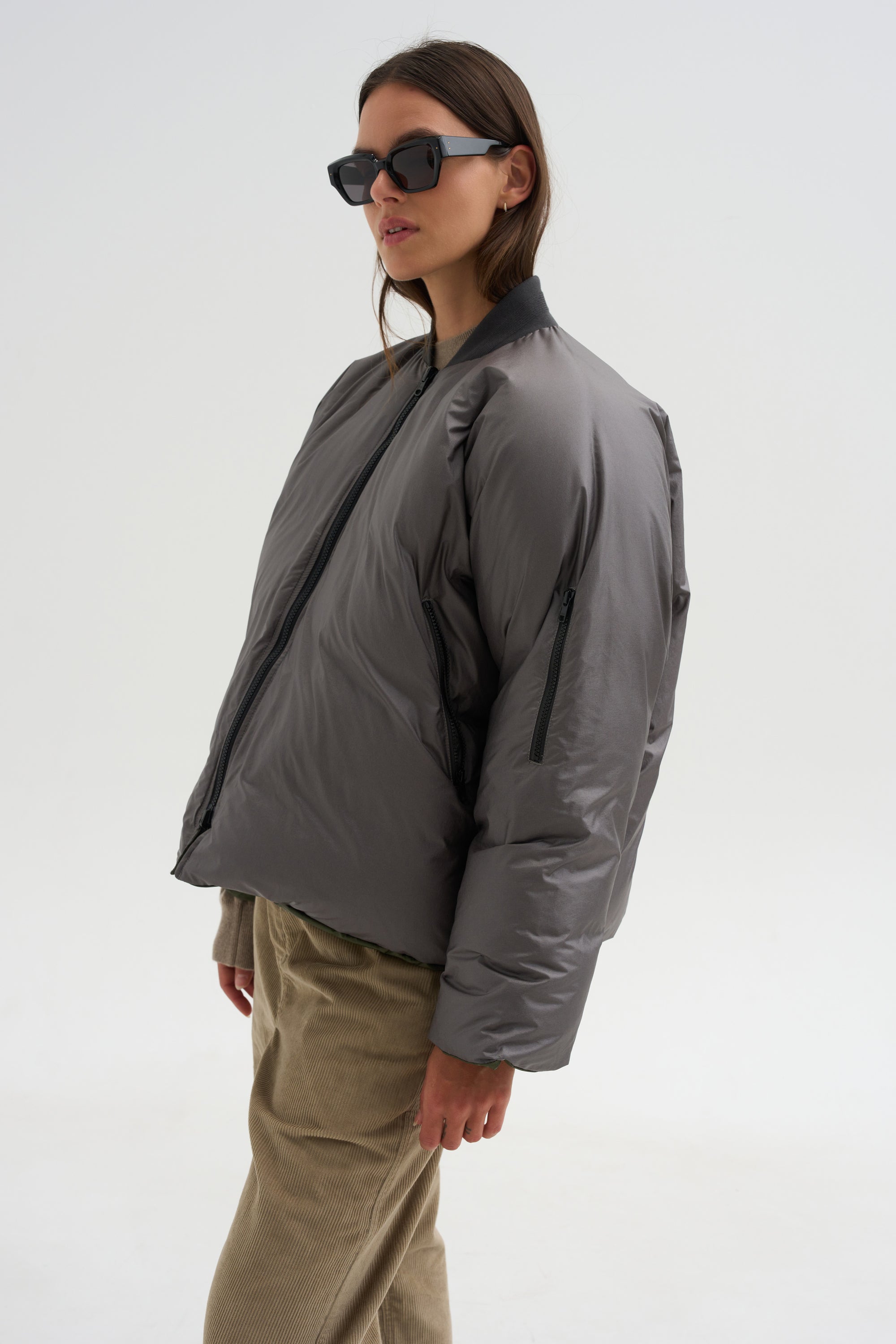 Down Filled Bomber, Charcoal/Khaki
