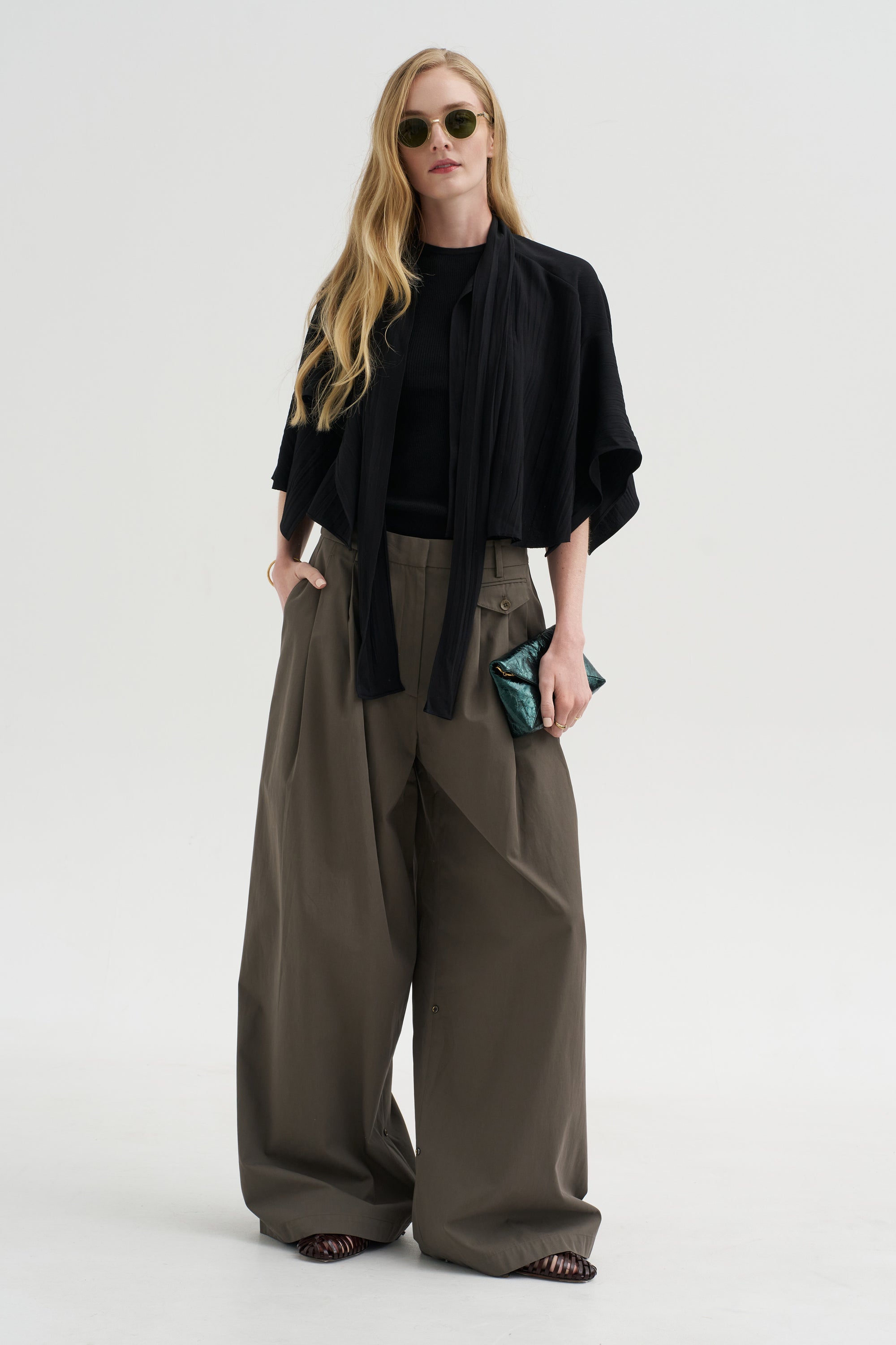Pre-Order • Creased Acetate Drape Cape Tie Top, Black