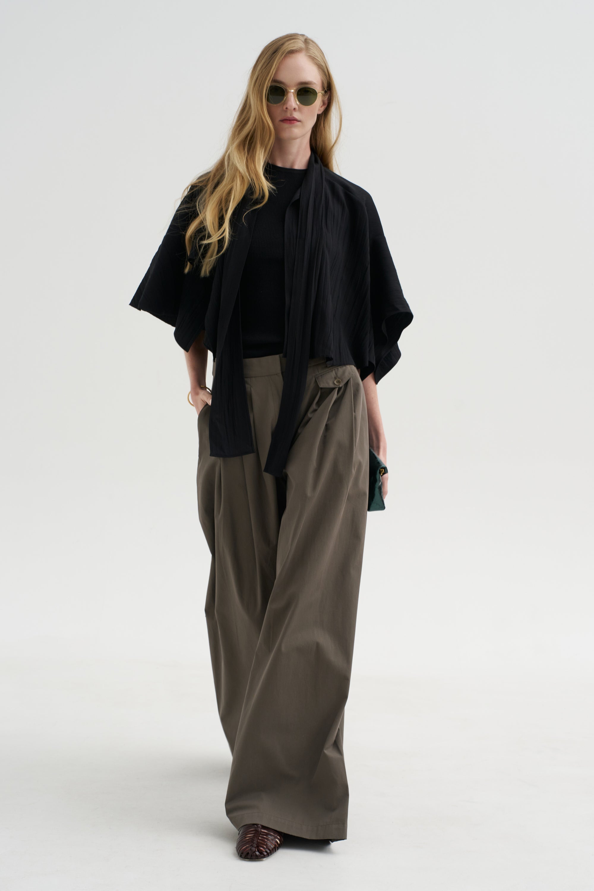 Pre-Order • Creased Acetate Drape Cape Tie Top, Black