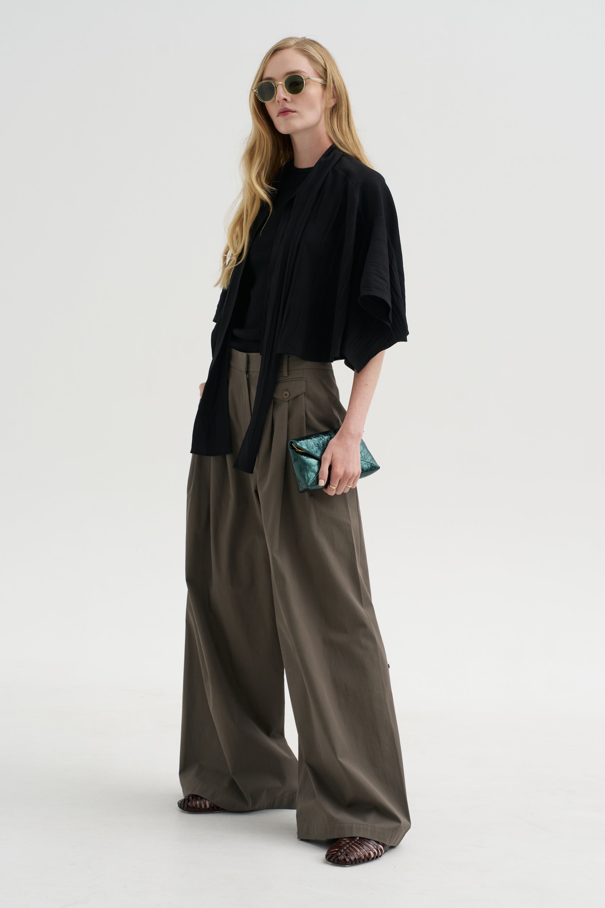 Pre-Order • Creased Acetate Drape Cape Tie Top, Black