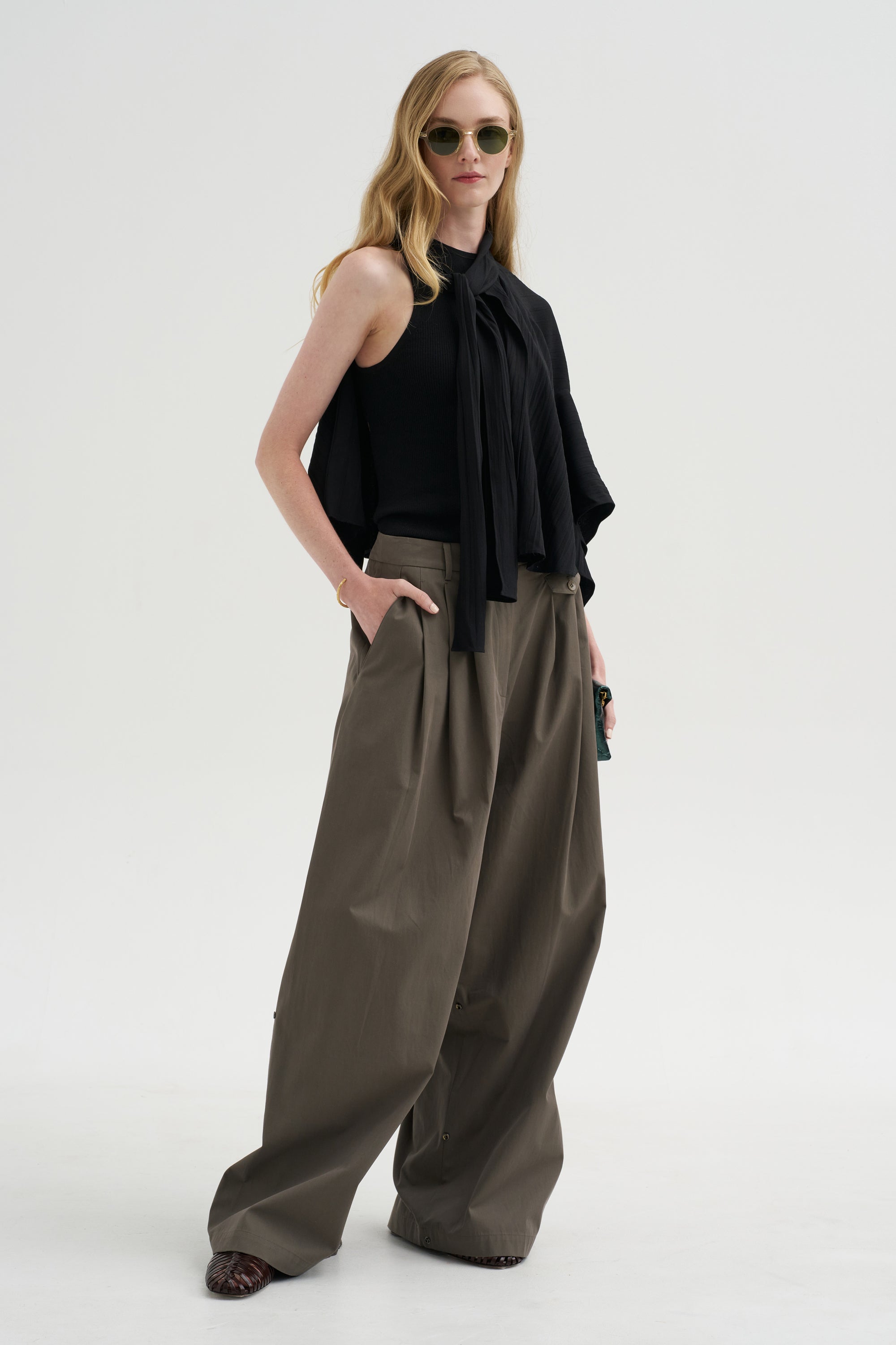 Pre-Order • Creased Acetate Drape Cape Tie Top, Black