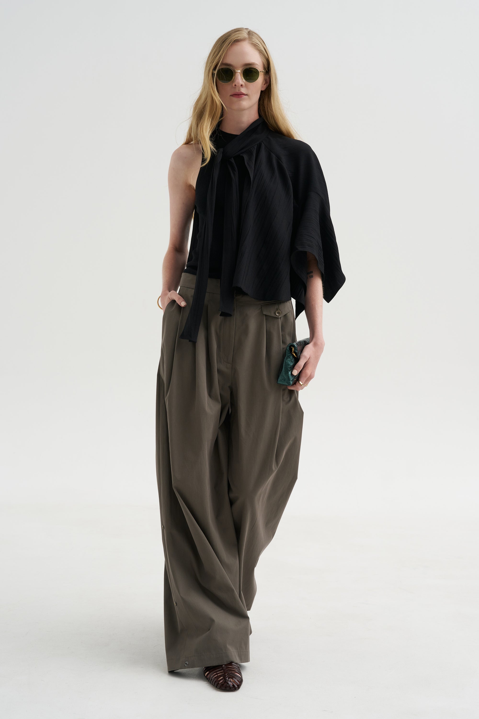 Pre-Order • Creased Acetate Drape Cape Tie Top, Black
