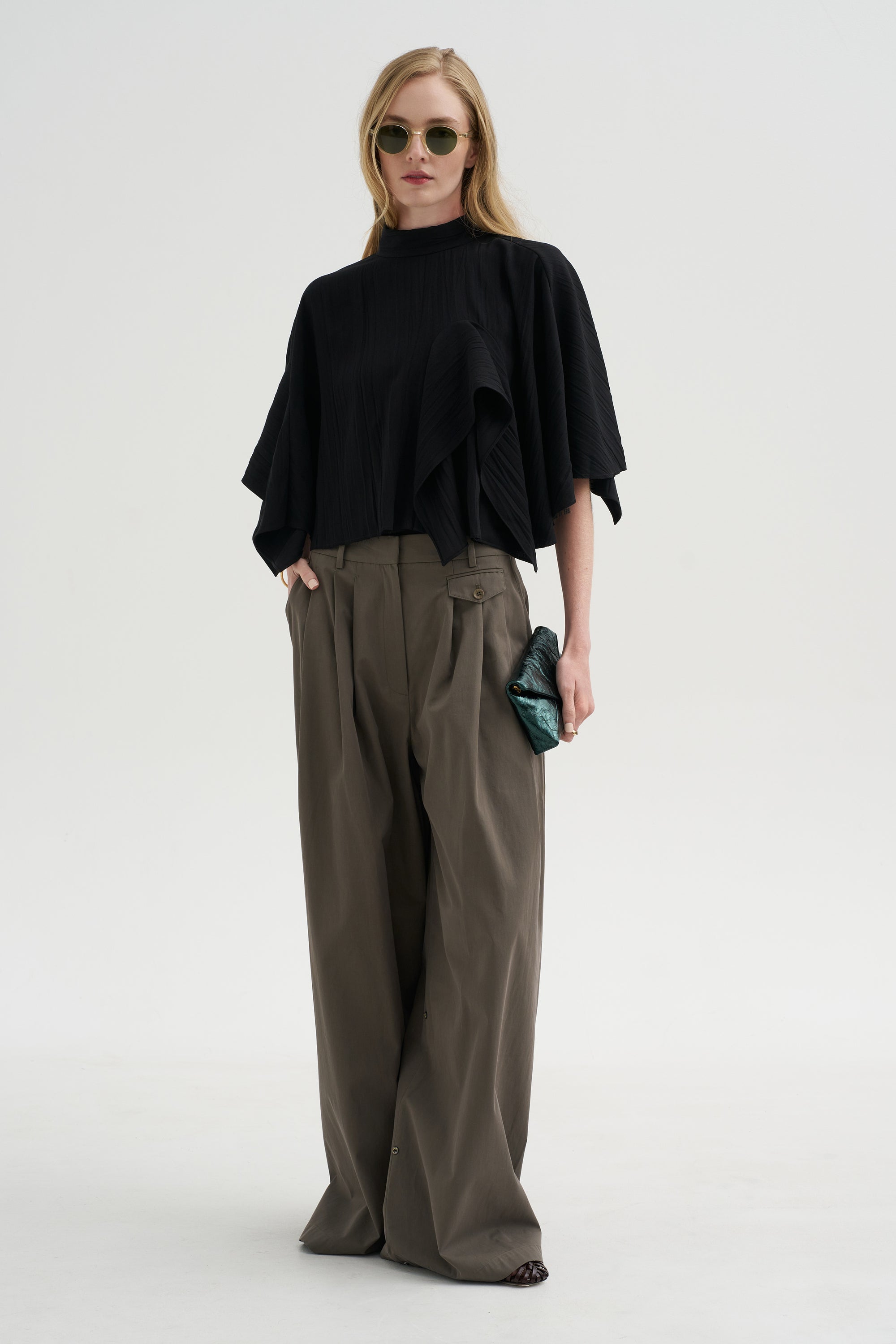 Pre-Order • Creased Acetate Drape Cape Tie Top, Black