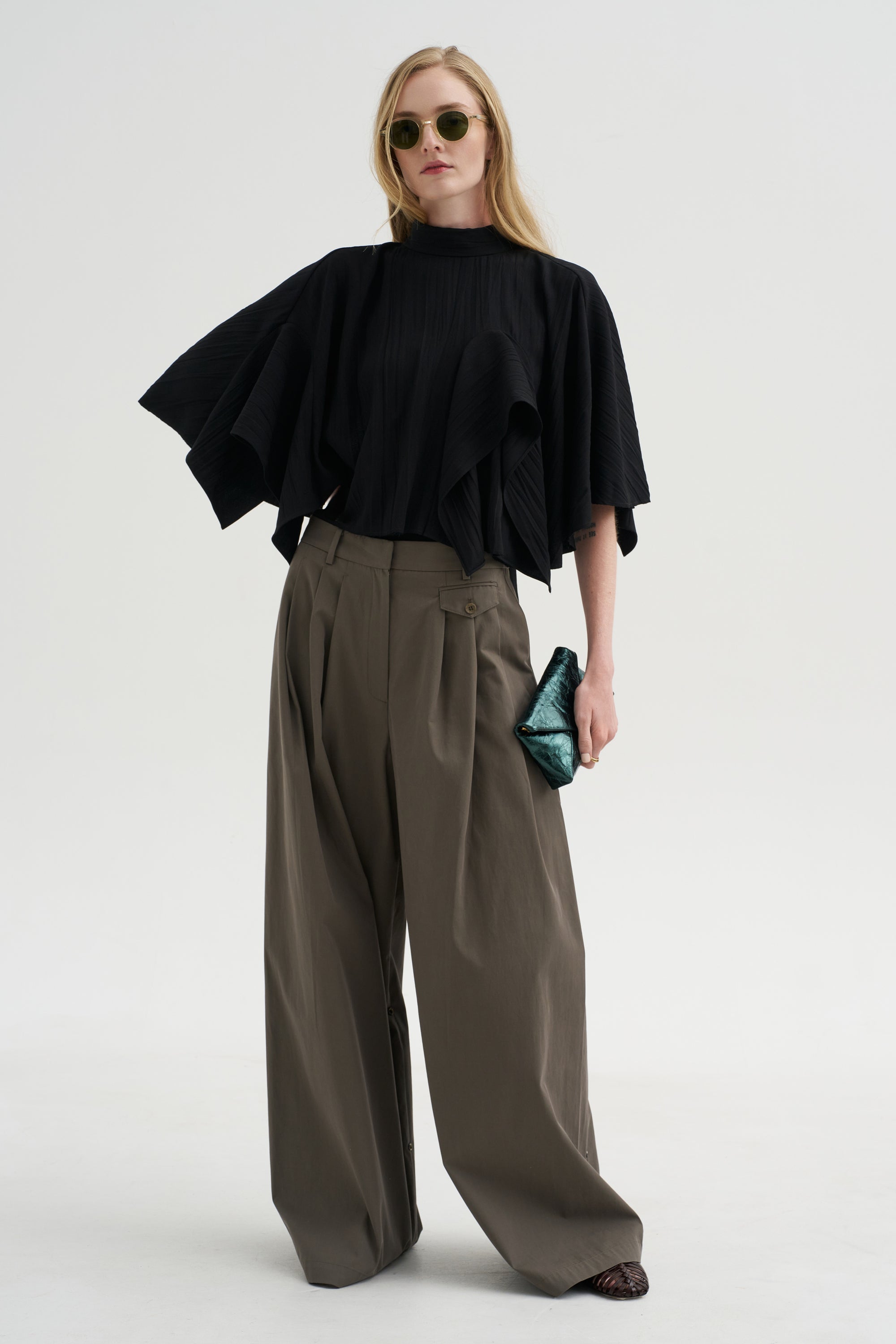Pre-Order • Creased Acetate Drape Cape Tie Top, Black