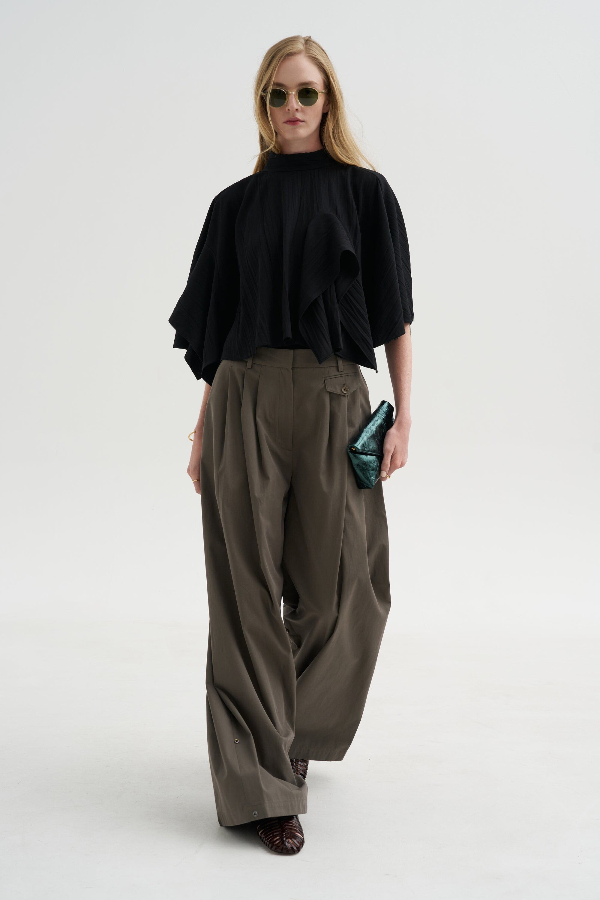 Pre-Order • Creased Acetate Drape Cape Tie Top, Black