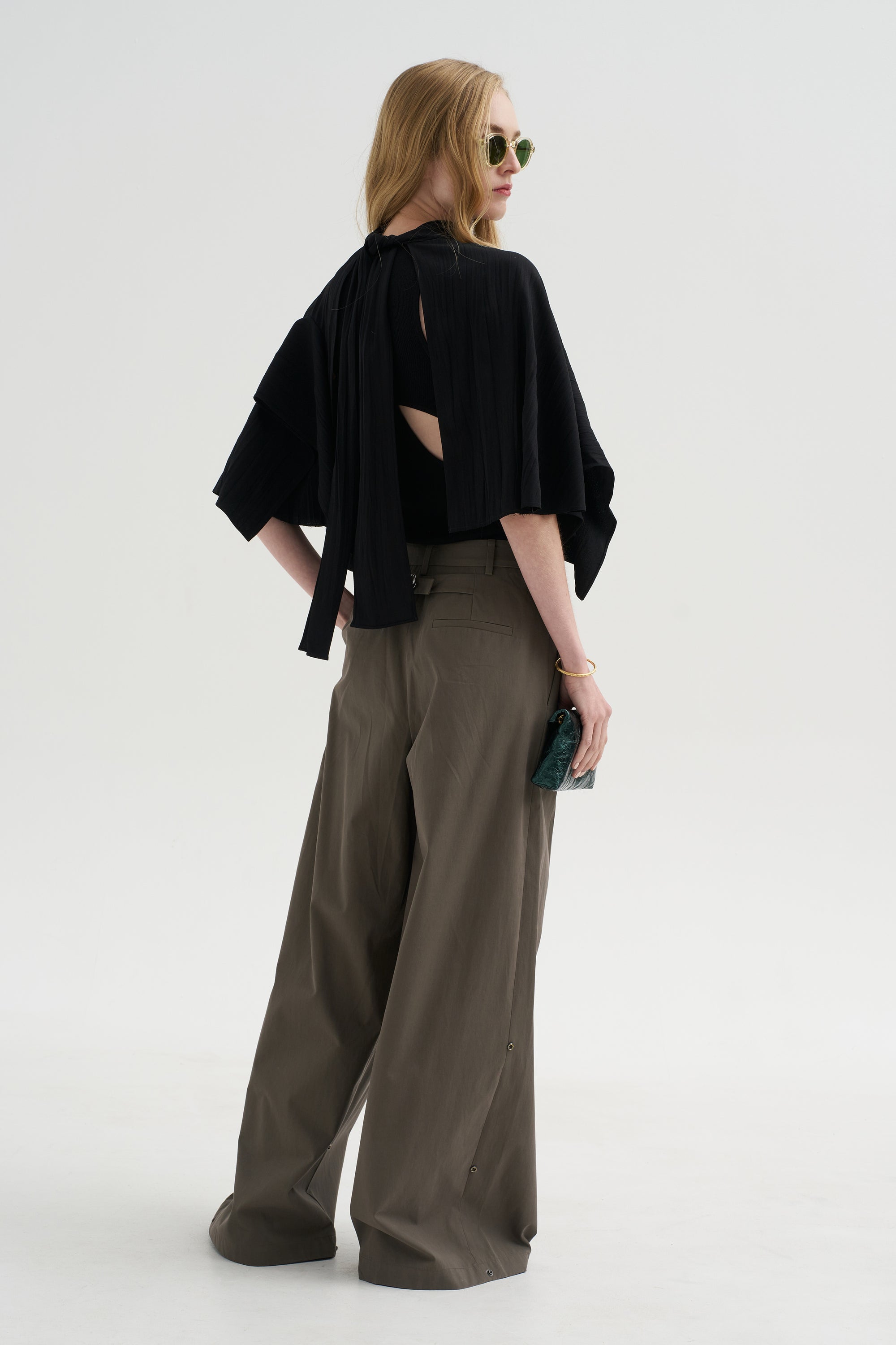 Pre-Order • Creased Acetate Drape Cape Tie Top, Black