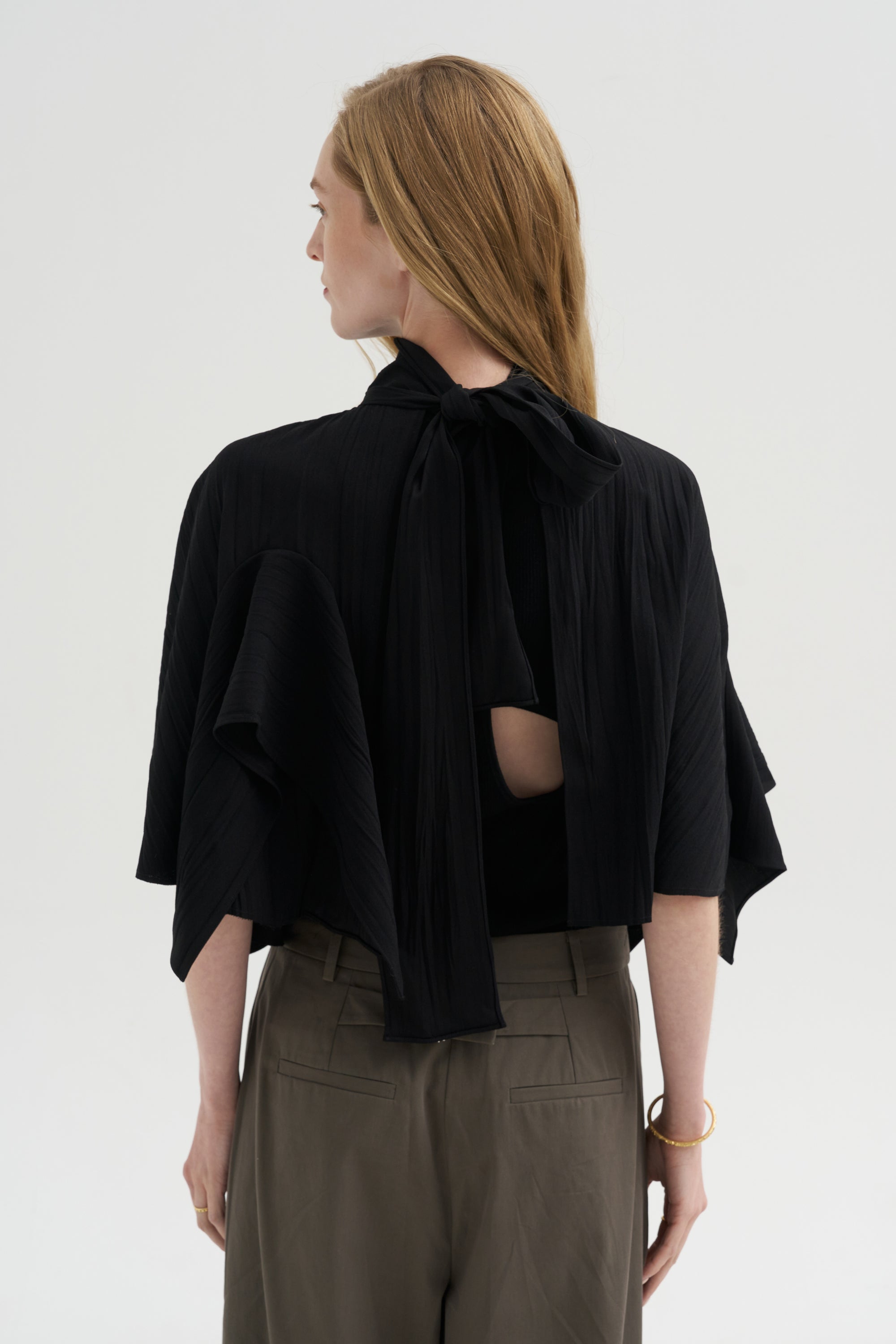 Pre-Order • Creased Acetate Drape Cape Tie Top, Black