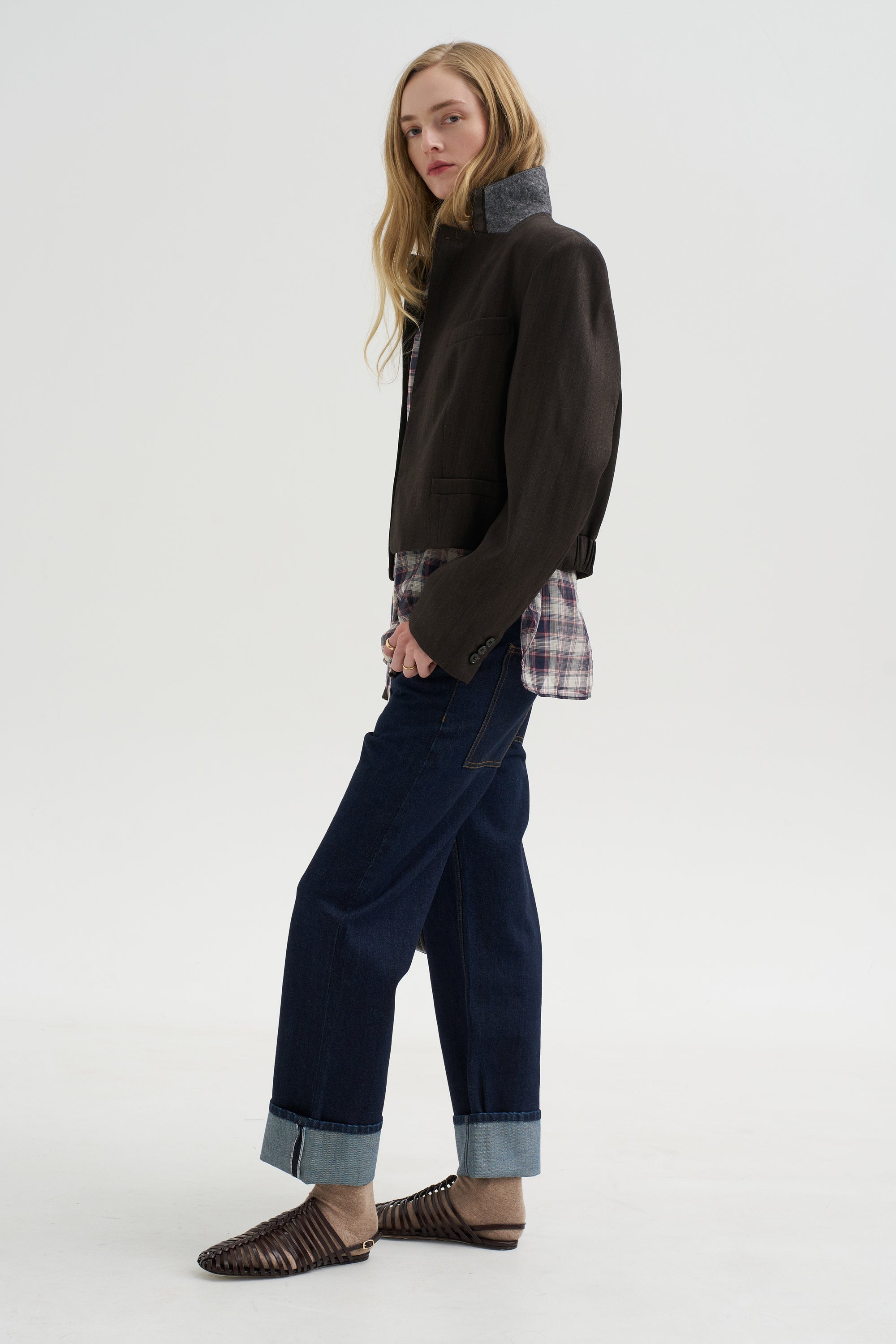 Herringbone Suiting Cropped Blazer, Brown Multi