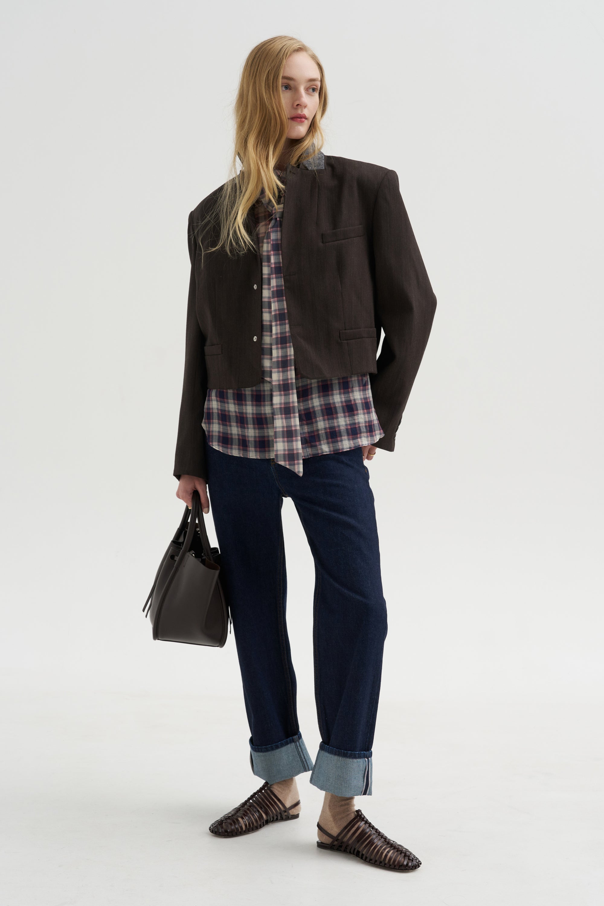 Herringbone Suiting Cropped Blazer, Brown Multi