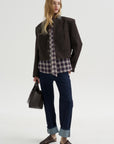 Herringbone Suiting Cropped Blazer, Brown Multi