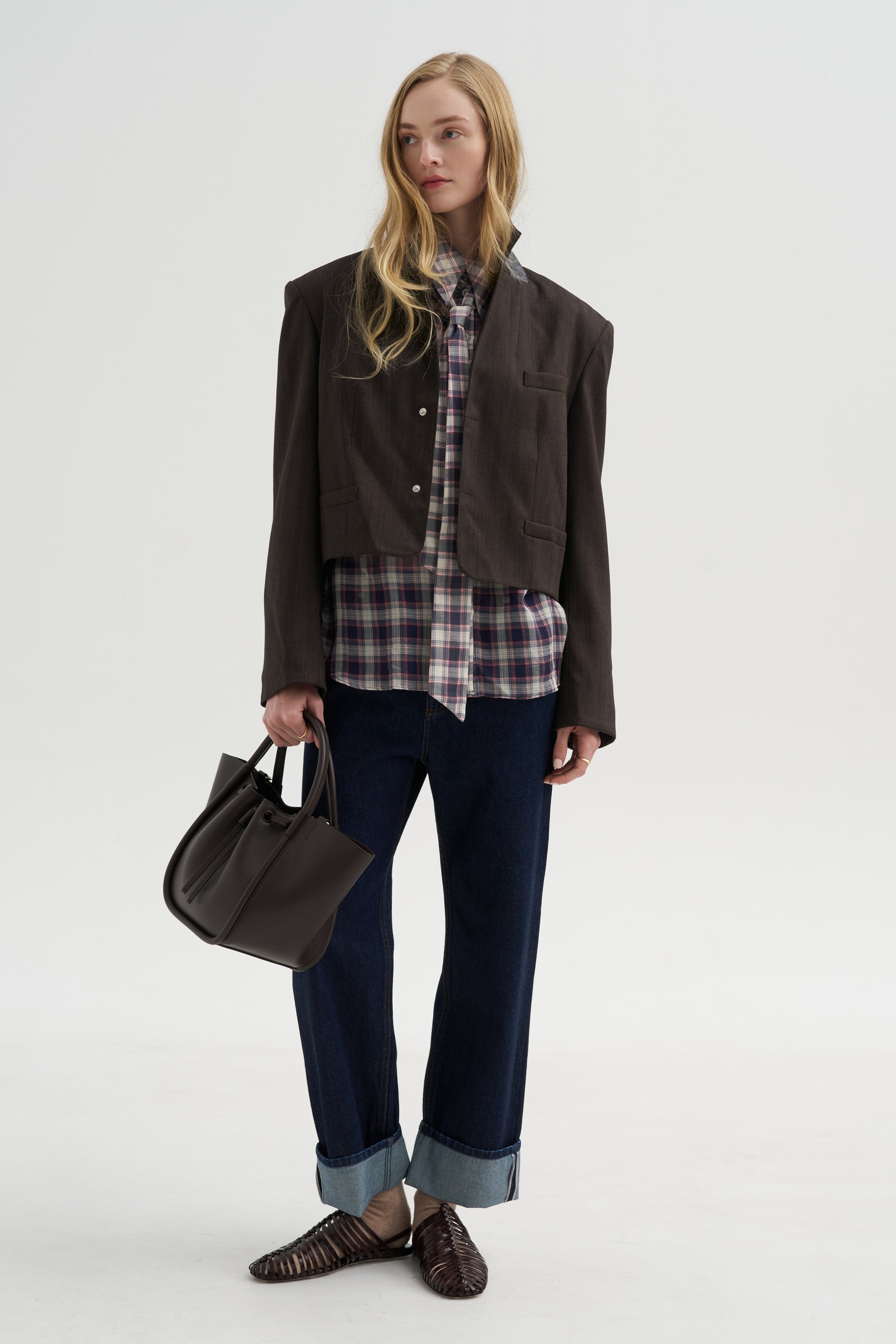 Herringbone Suiting Cropped Blazer, Brown Multi