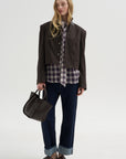 Herringbone Suiting Cropped Blazer, Brown Multi