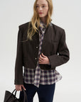 Herringbone Suiting Cropped Blazer, Brown Multi