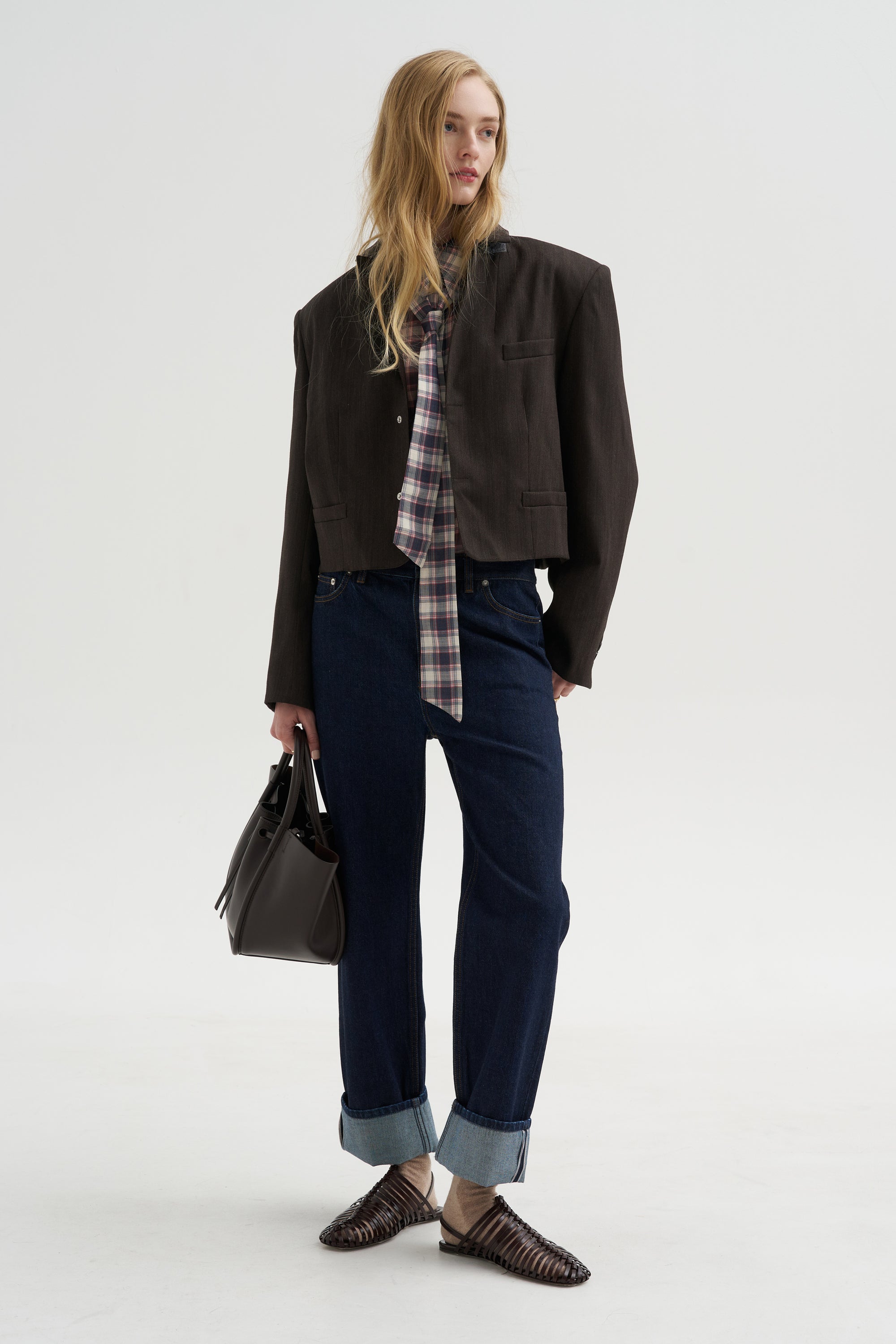 Herringbone Suiting Cropped Blazer, Brown Multi