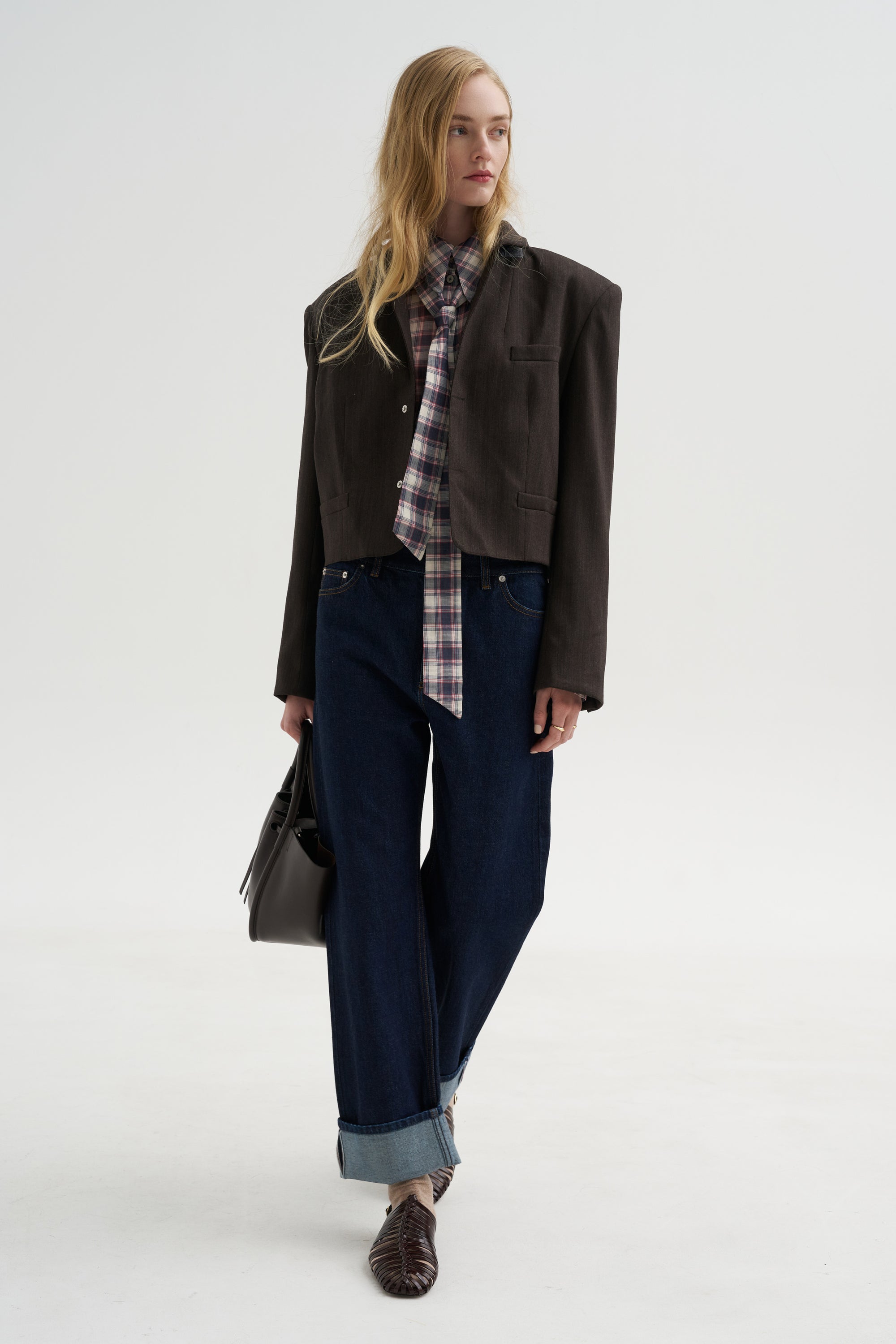 Herringbone Suiting Cropped Blazer, Brown Multi