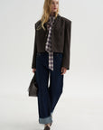 Herringbone Suiting Cropped Blazer, Brown Multi