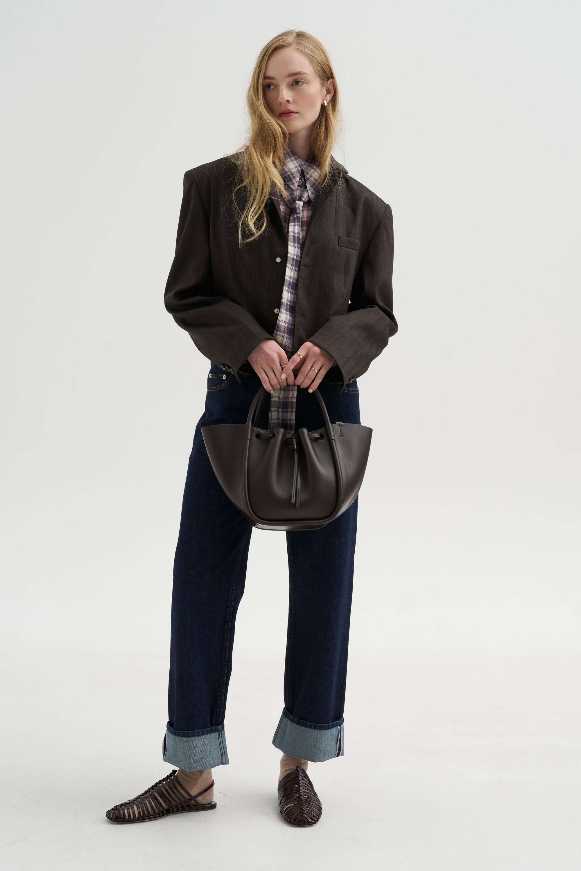 Herringbone Suiting Cropped Blazer, Brown Multi