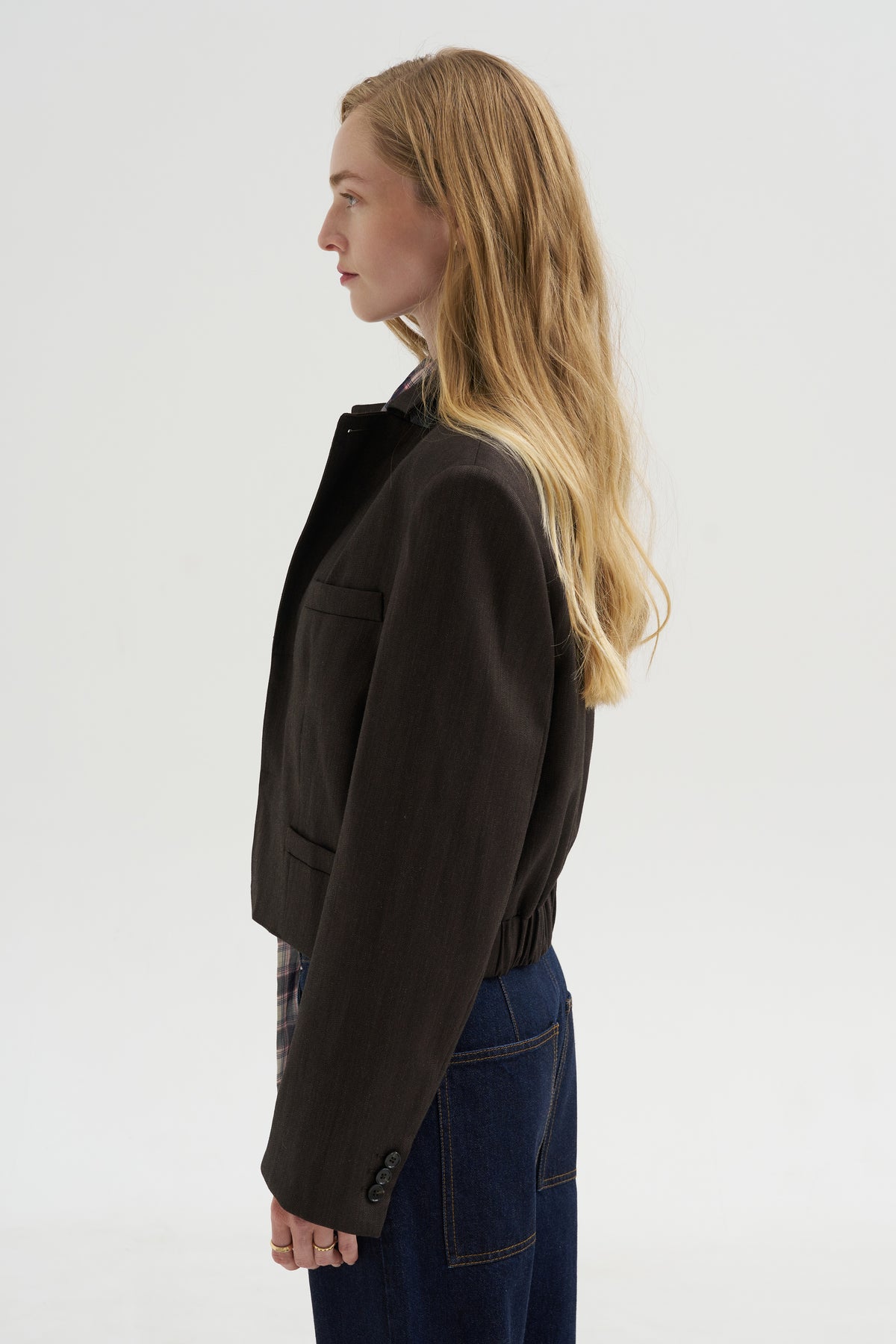 Herringbone Suiting Cropped Blazer, Brown Multi