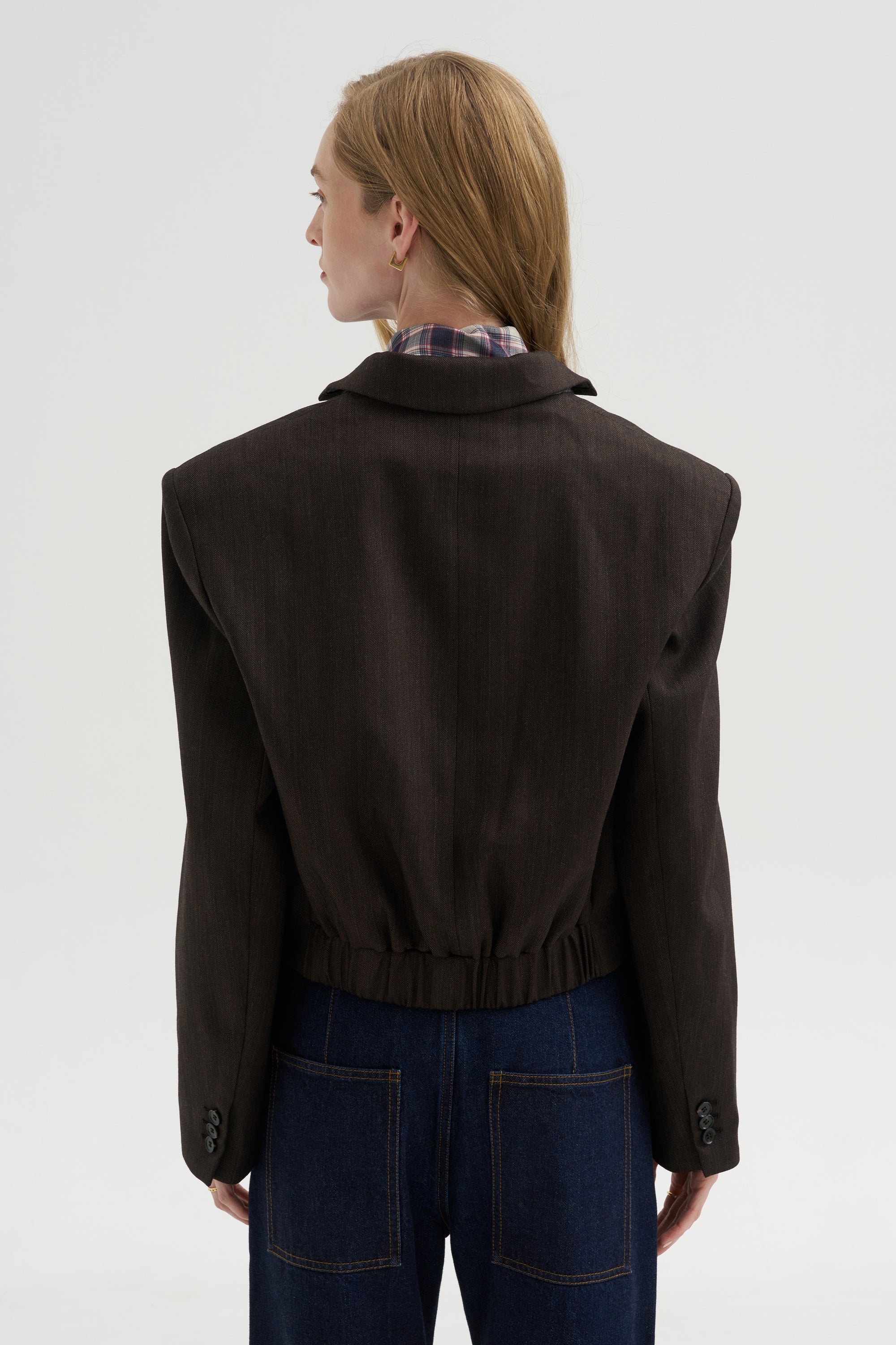 Herringbone Suiting Cropped Blazer, Brown Multi