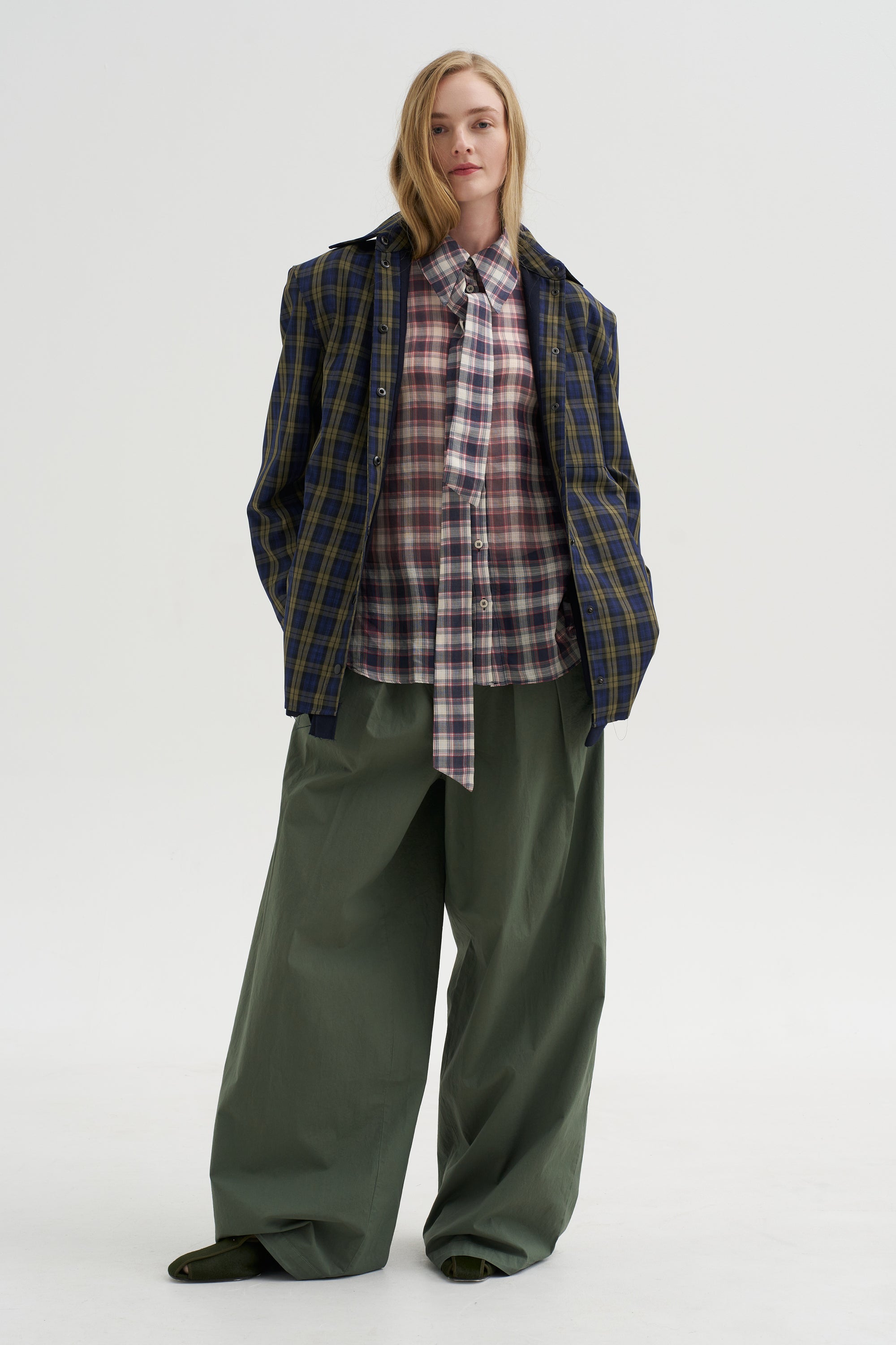 Pre-Order • Silk Cotton Plaid Blouse with Removable Tie, Black &amp; Red Multi