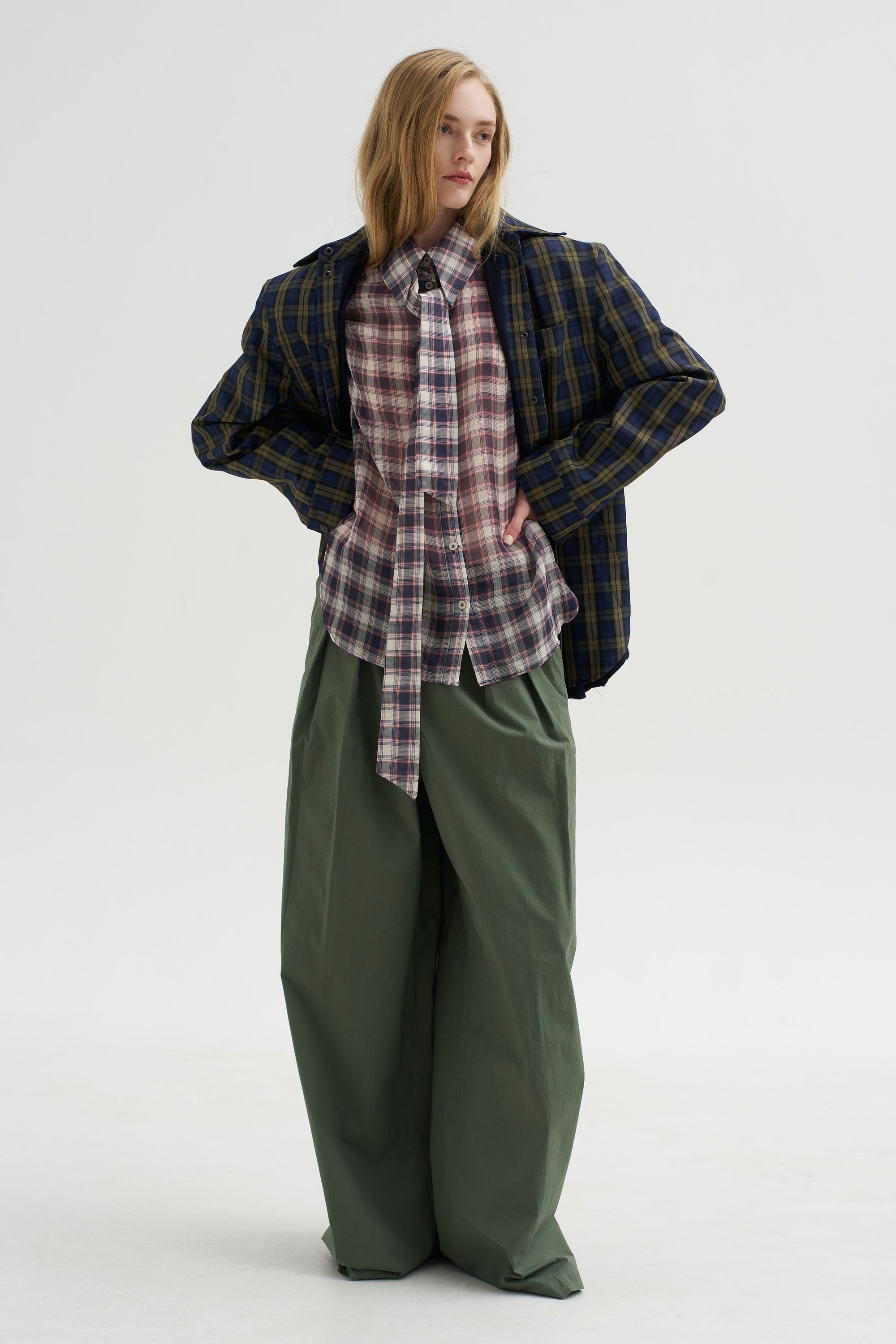 Pre-Order • Silk Cotton Plaid Blouse with Removable Tie, Black &amp; Red Multi
