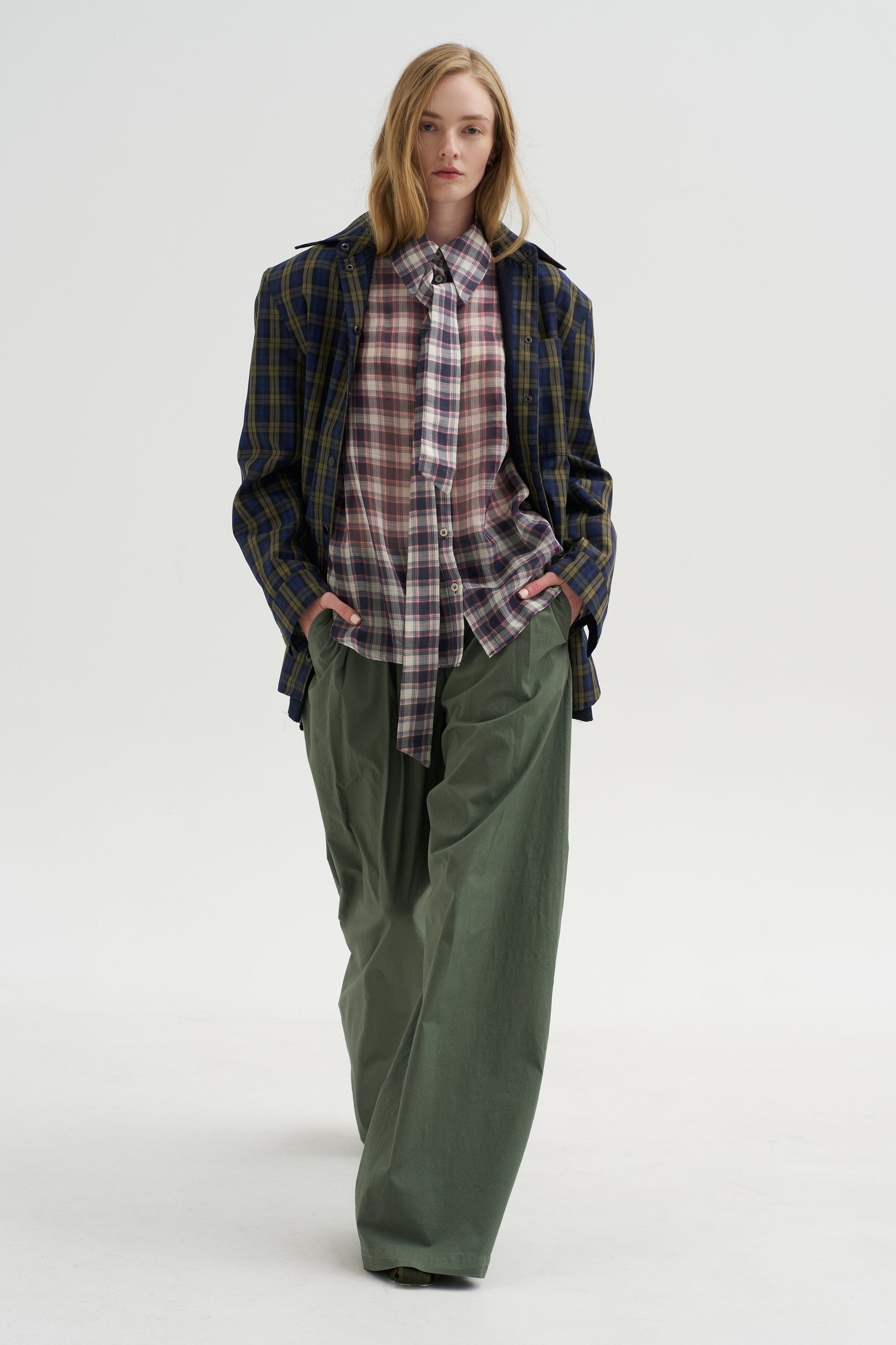 Pre-Order • Silk Cotton Plaid Blouse with Removable Tie, Black &amp; Red Multi