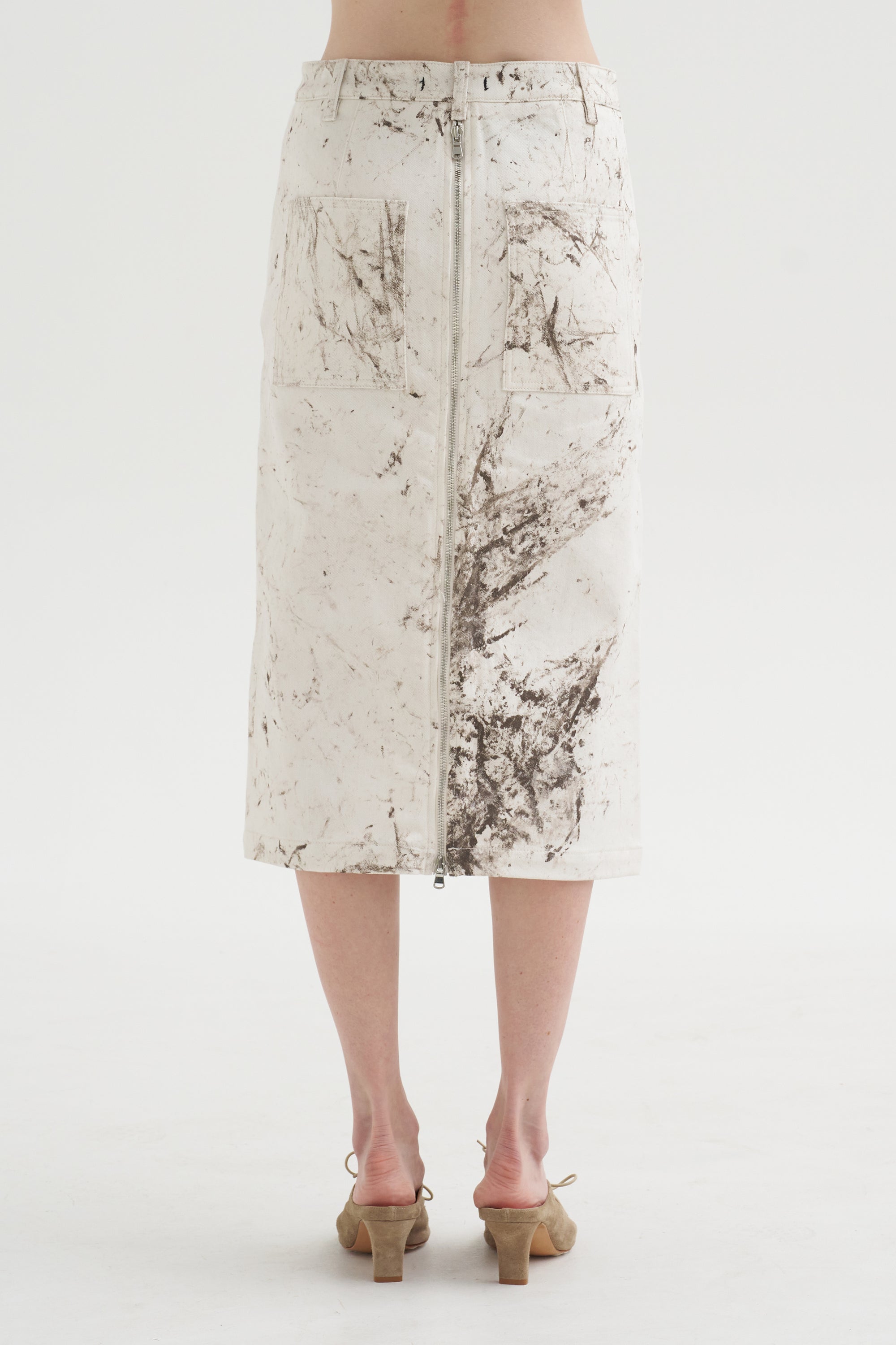 Calcimin Denim Midi Trouser Zip Skirt, Ivory Multi