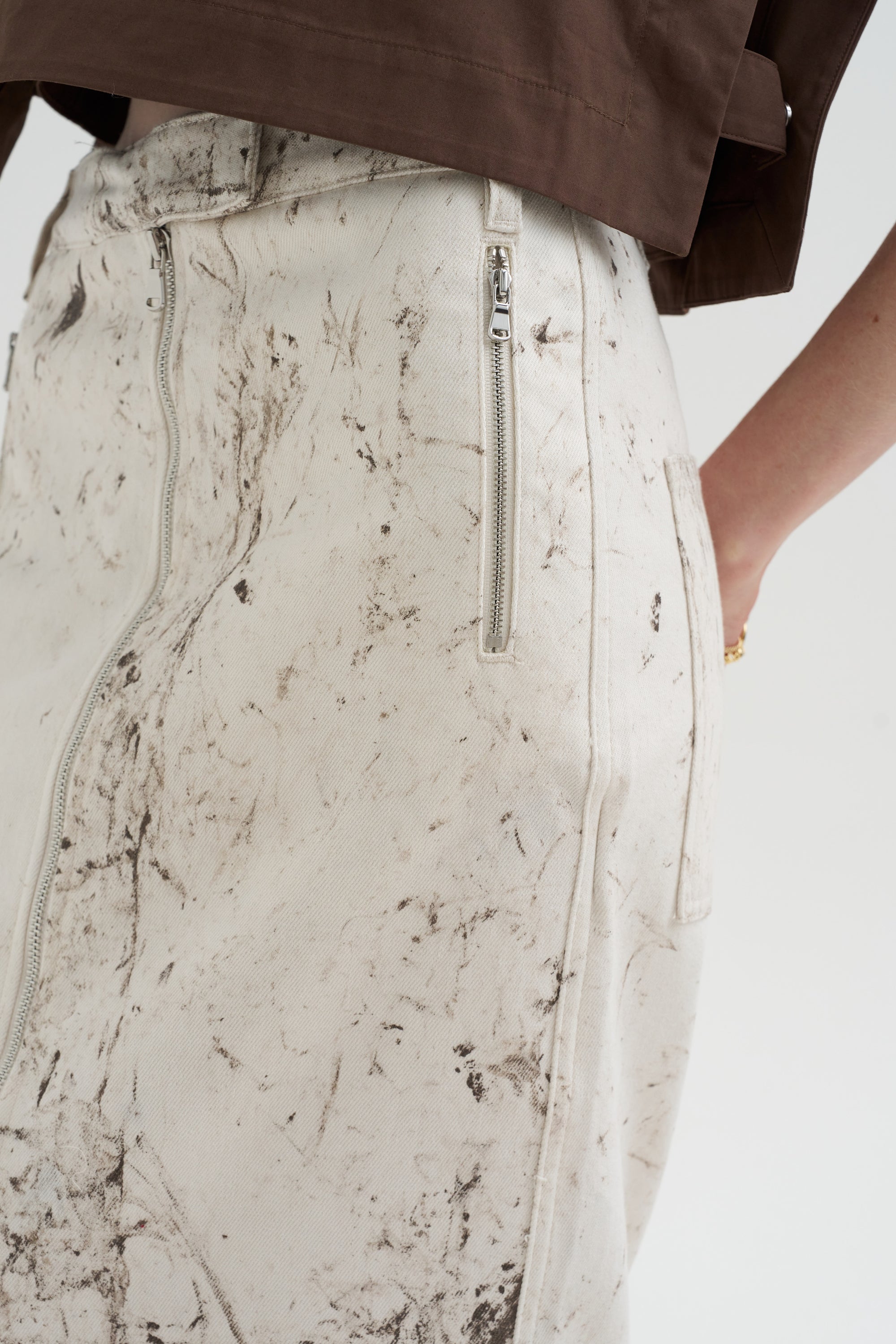 Calcimin Denim Midi Trouser Zip Skirt, Ivory Multi