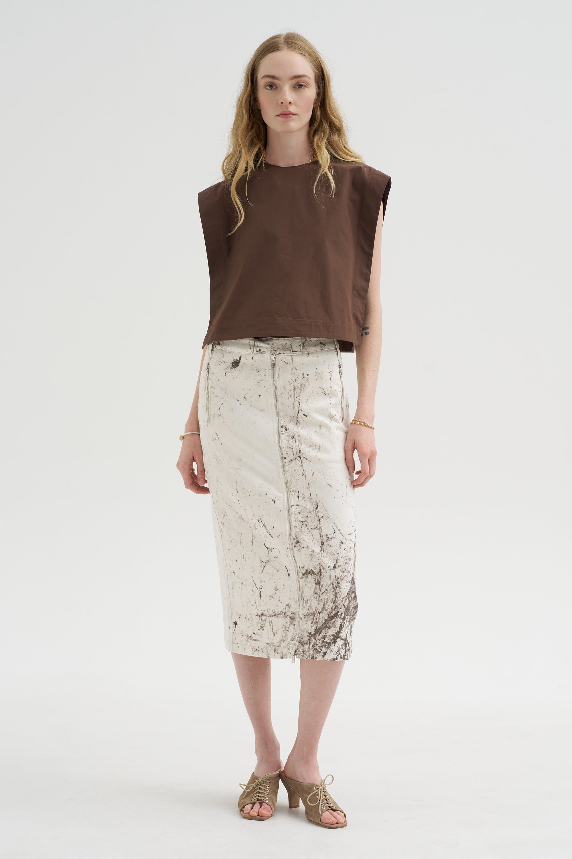 Calcimin Denim Midi Trouser Zip Skirt, Ivory Multi