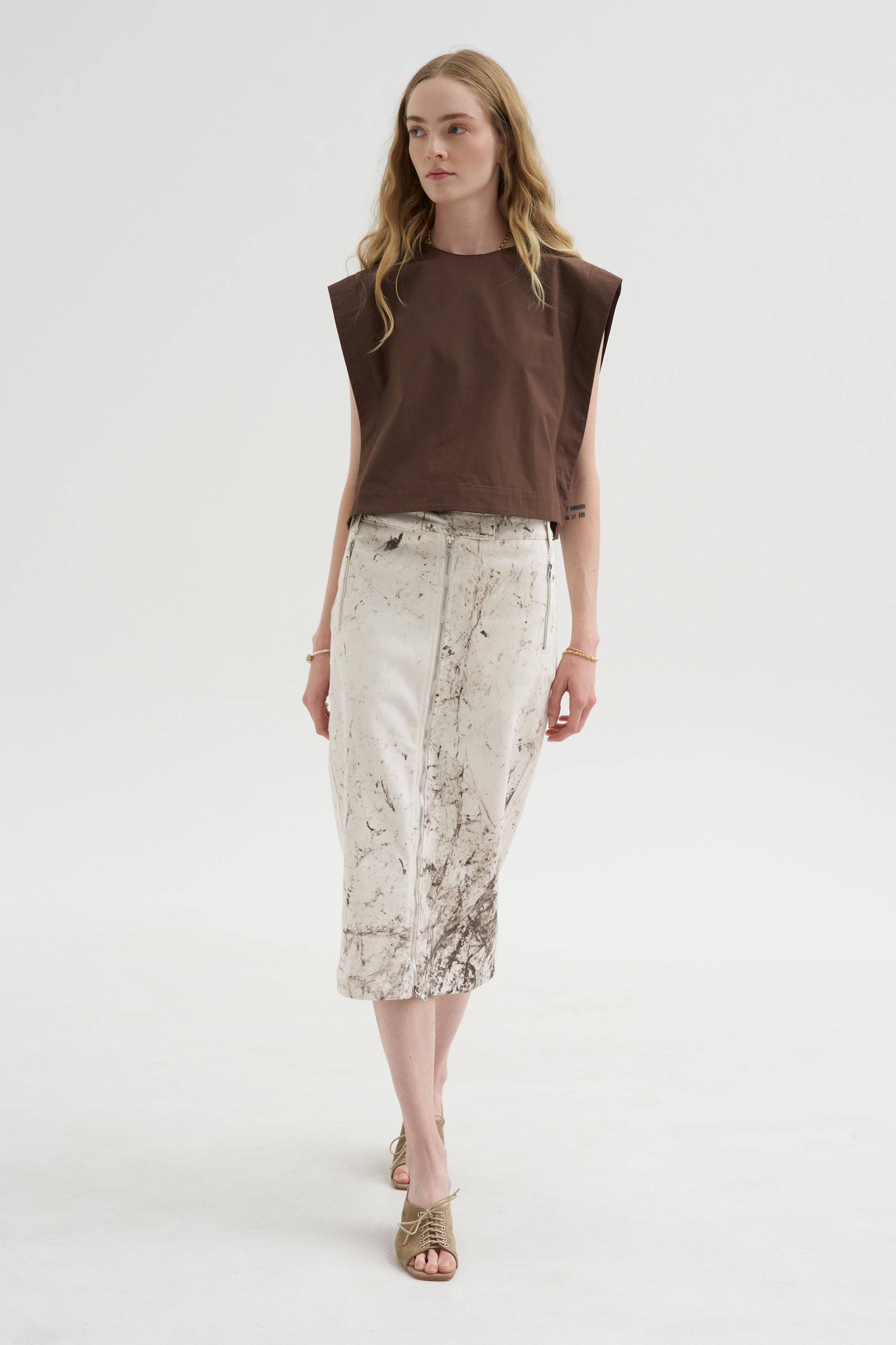Calcimin Denim Midi Trouser Zip Skirt, Ivory Multi