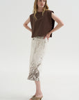 Calcimin Denim Midi Trouser Zip Skirt, Ivory Multi