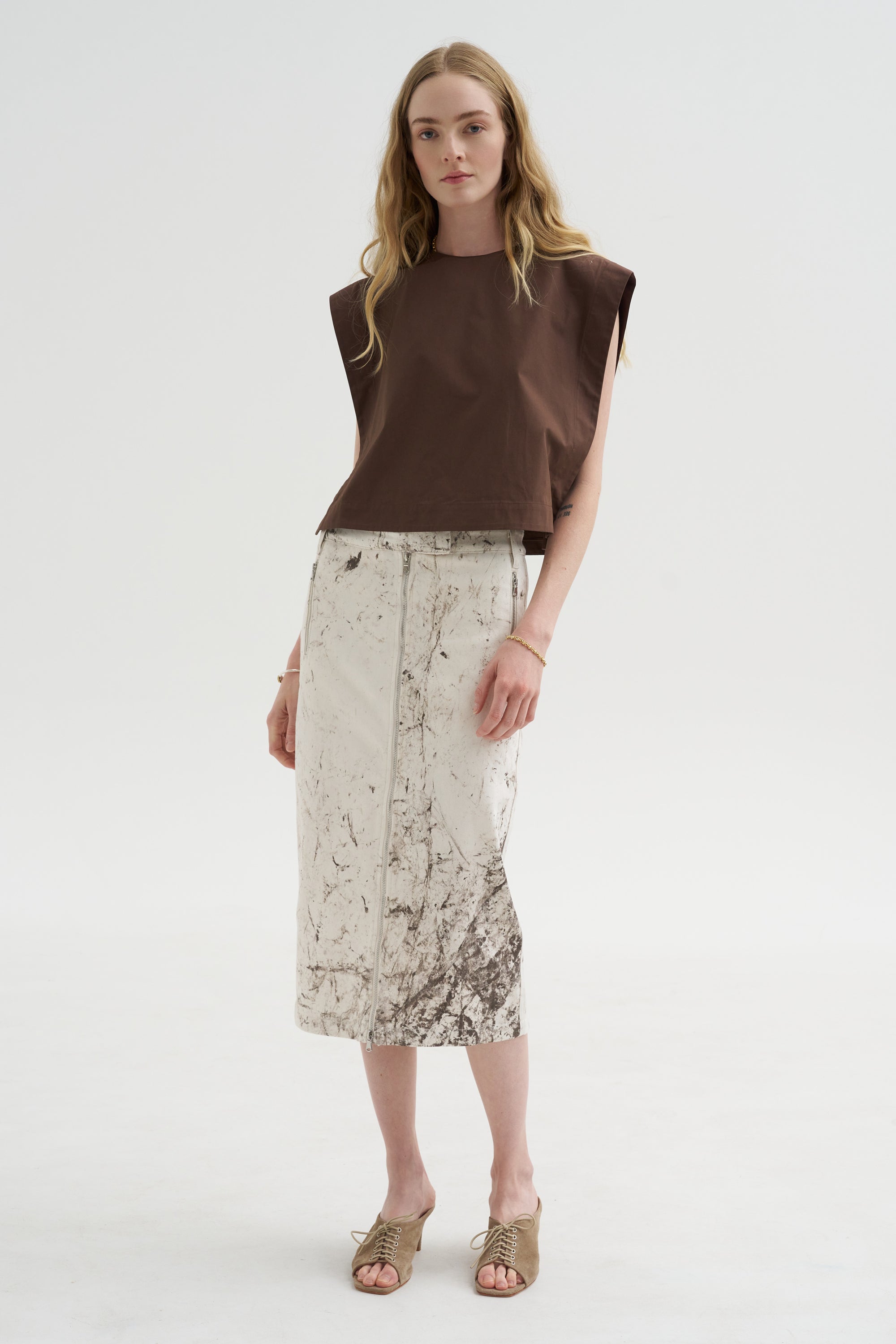 Calcimin Denim Midi Trouser Zip Skirt, Ivory Multi